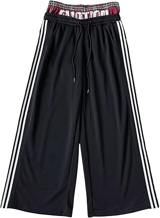 WDIRARA Men Baggy Sweatpants Side Stripe Wide Leg Double Waist Track Pants