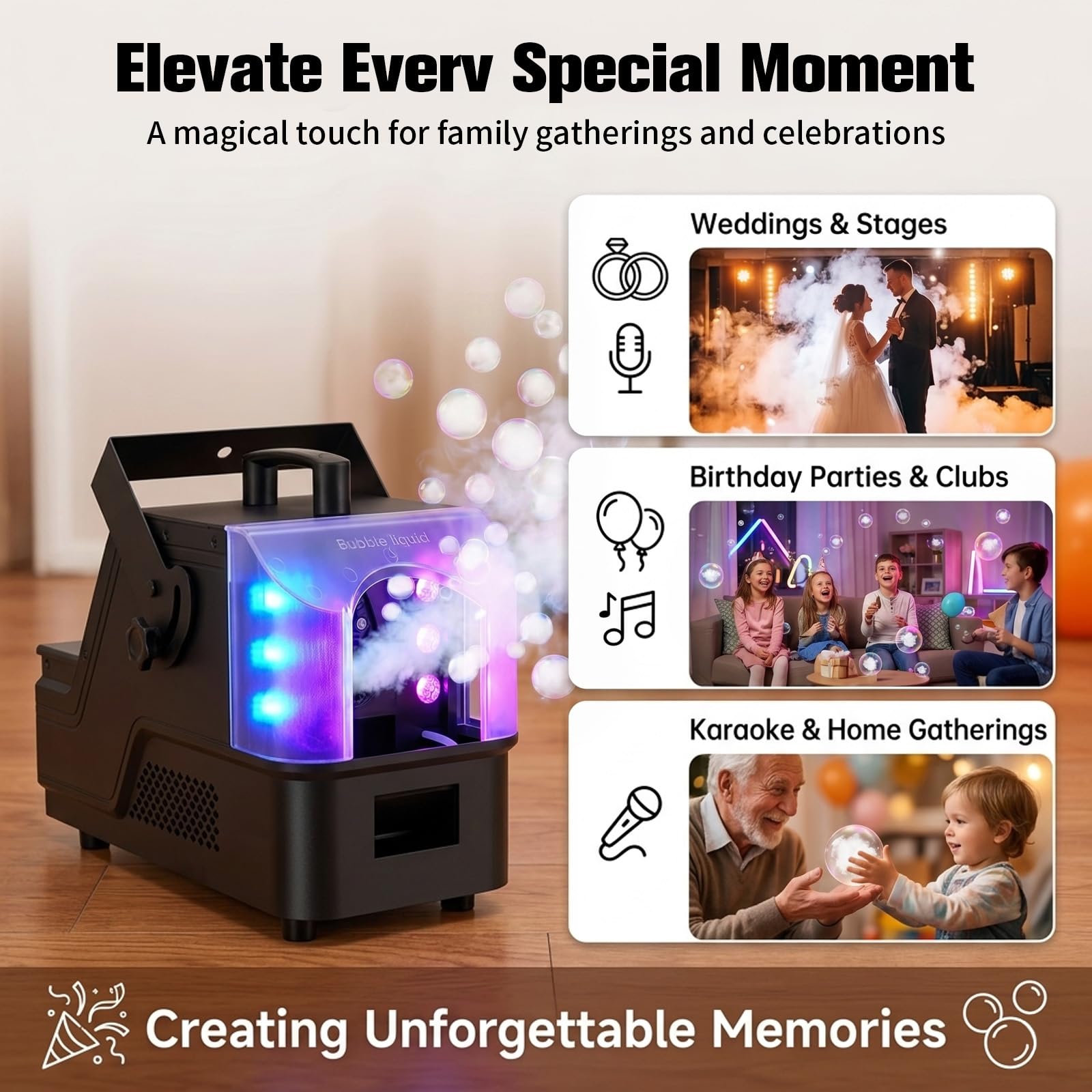 3 in 1 Nebelmaschine, Bubble Machine und Fog-Bubble Maschine mit 7 Farbe LED Licht & Fernbedienung, hohe Kapazität, langanhaltende Effekte, geeignet für Partys, Hochzeiten, Halloween, Disco und Bühne