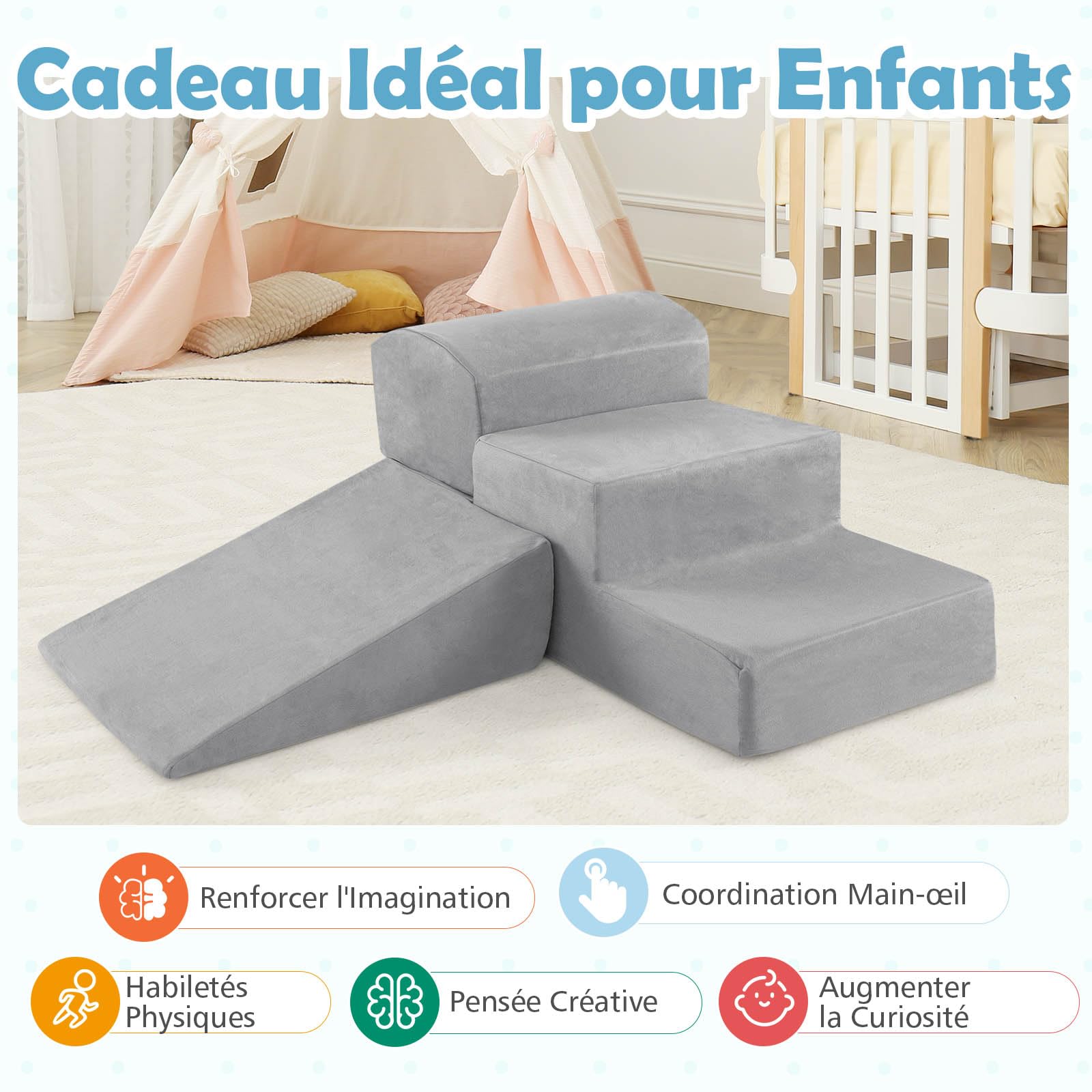 GOPLUS 5 PCS Parcours de Motricité Bébé, 5 Module Motricité avec Housse en Tissu Suédé, Piscine à Balle & Tobbagan pour Intérieur pour 3 Ans+ (Gris)