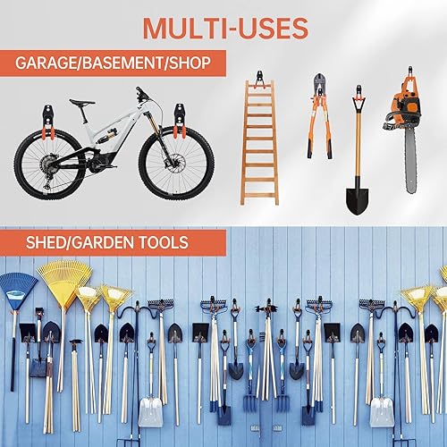 Miniatura 8 de Noone Ganchos de garaje resistentes, paquete de 12 ganchos de almacenamiento de acero esmerilado mejorados, ganchos de herramientas para pared de