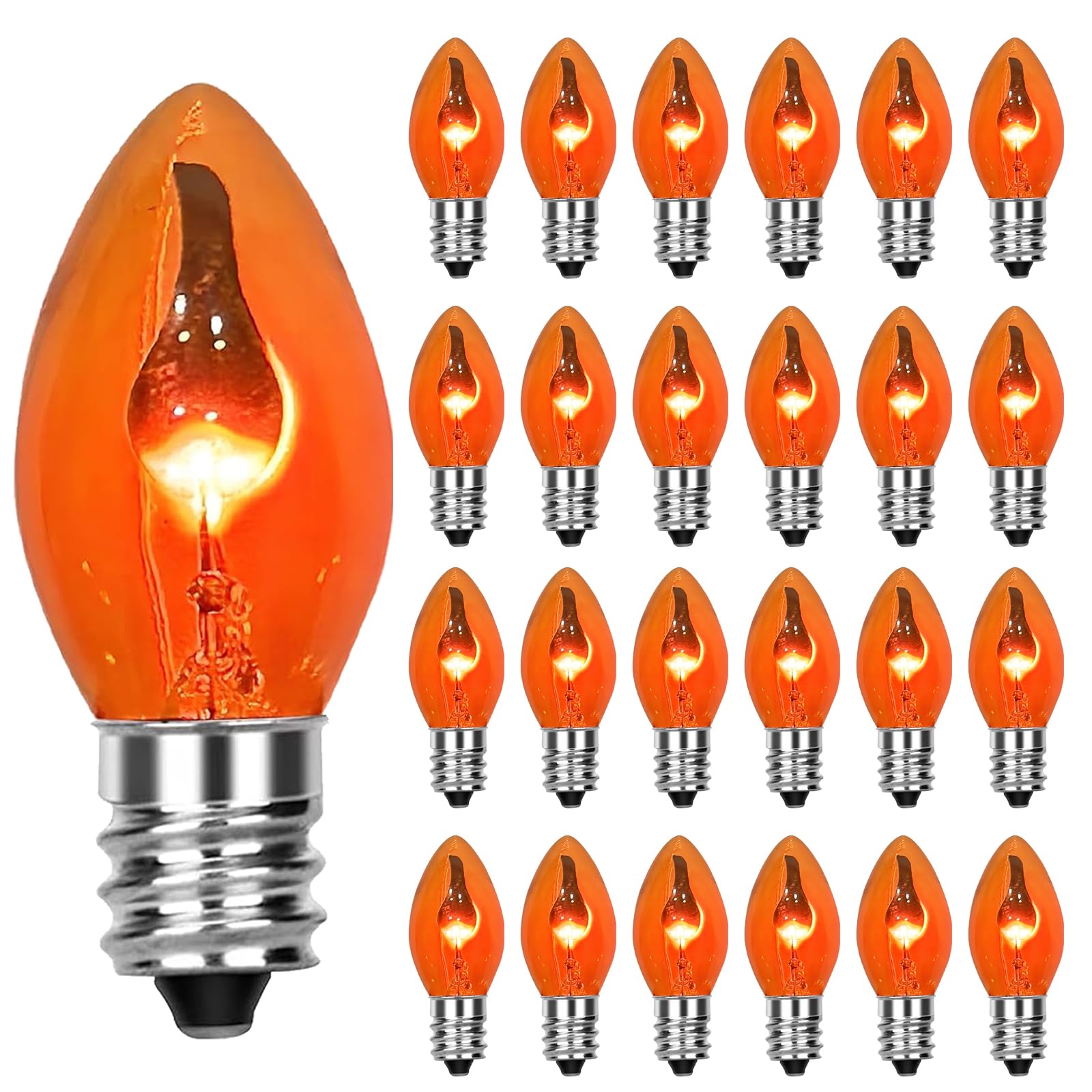 SUNSGNE C7 Orange Flickering Flame Light Bulbs, Chandelier Flicker Decorative Bulb for Halloween Christmas Party Indoor Outdoor Decor, E12 Candelabra Base, 25 Pack, 1 Watt