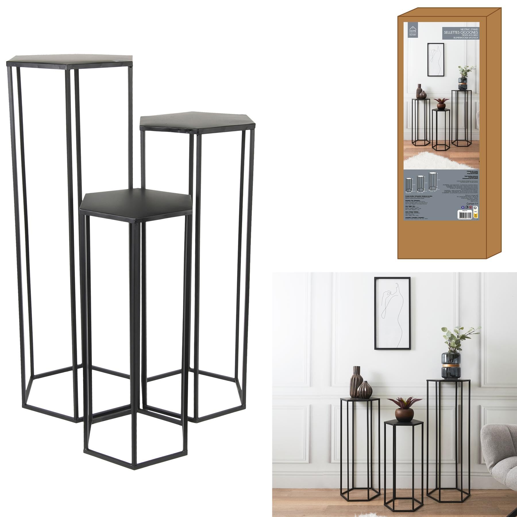 HOME DECO FACTORY - HD62191 Lot de 3 Tables Gigognes en Métal Noir - Design Contemporain - Conçu pour Plantes et Décoration - Dimensions 90 x 35 x 30 cm - 75 x 30 x 26 cm - 60 x 25 x 22 cm | Métal, lot de 3 tables gigognes, design contemporain, supports p