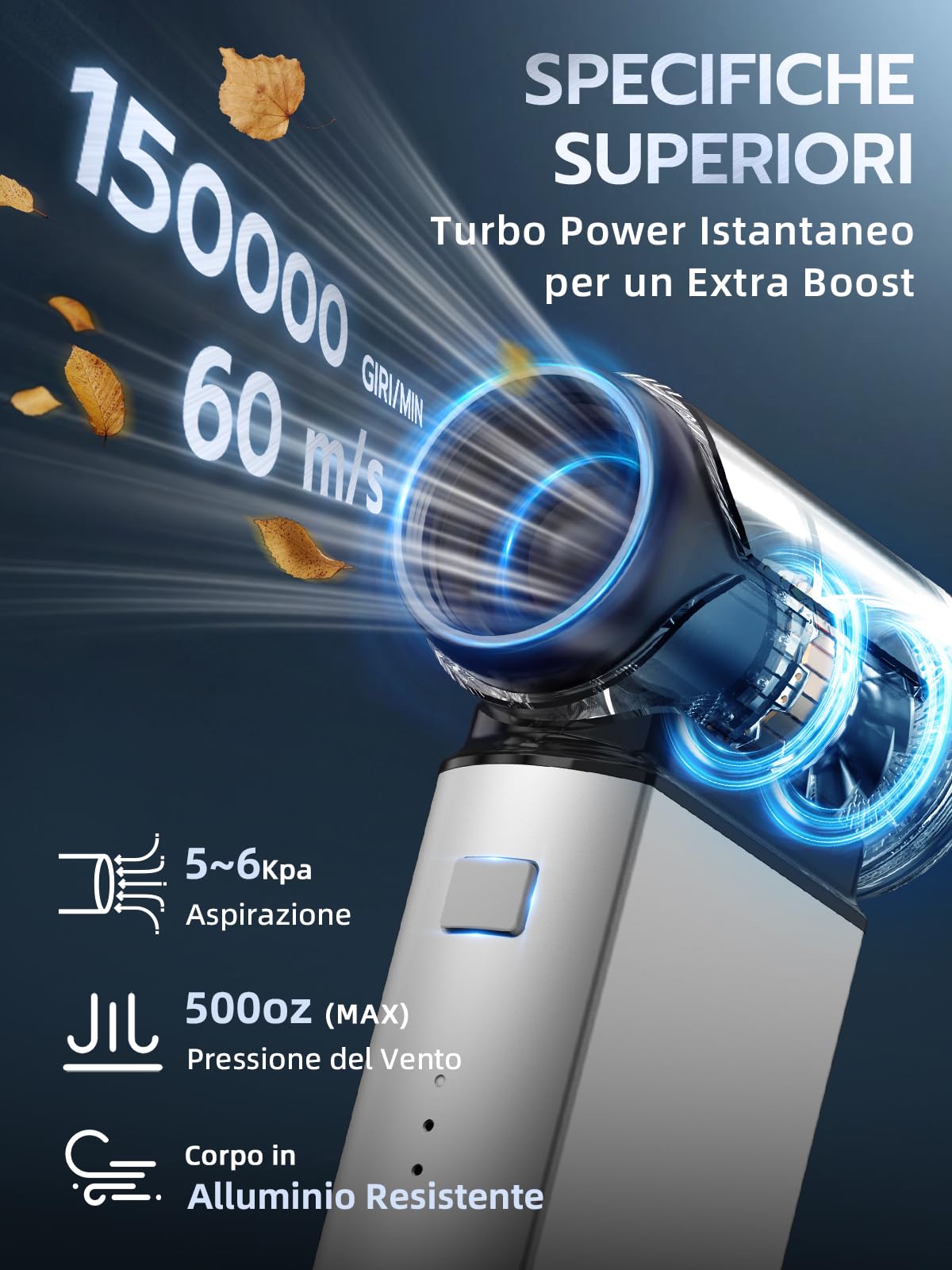 Smiling Shark Elettrico Rimuovi Polvere Aria Compressa, J02 Alluminio 150000 Giri/Min Soffiatore d'Aria Elettrico - Senza Fili con Modalità Storm & Batteria 8000mAh per PC/Auto/Casa/Camping, Argento