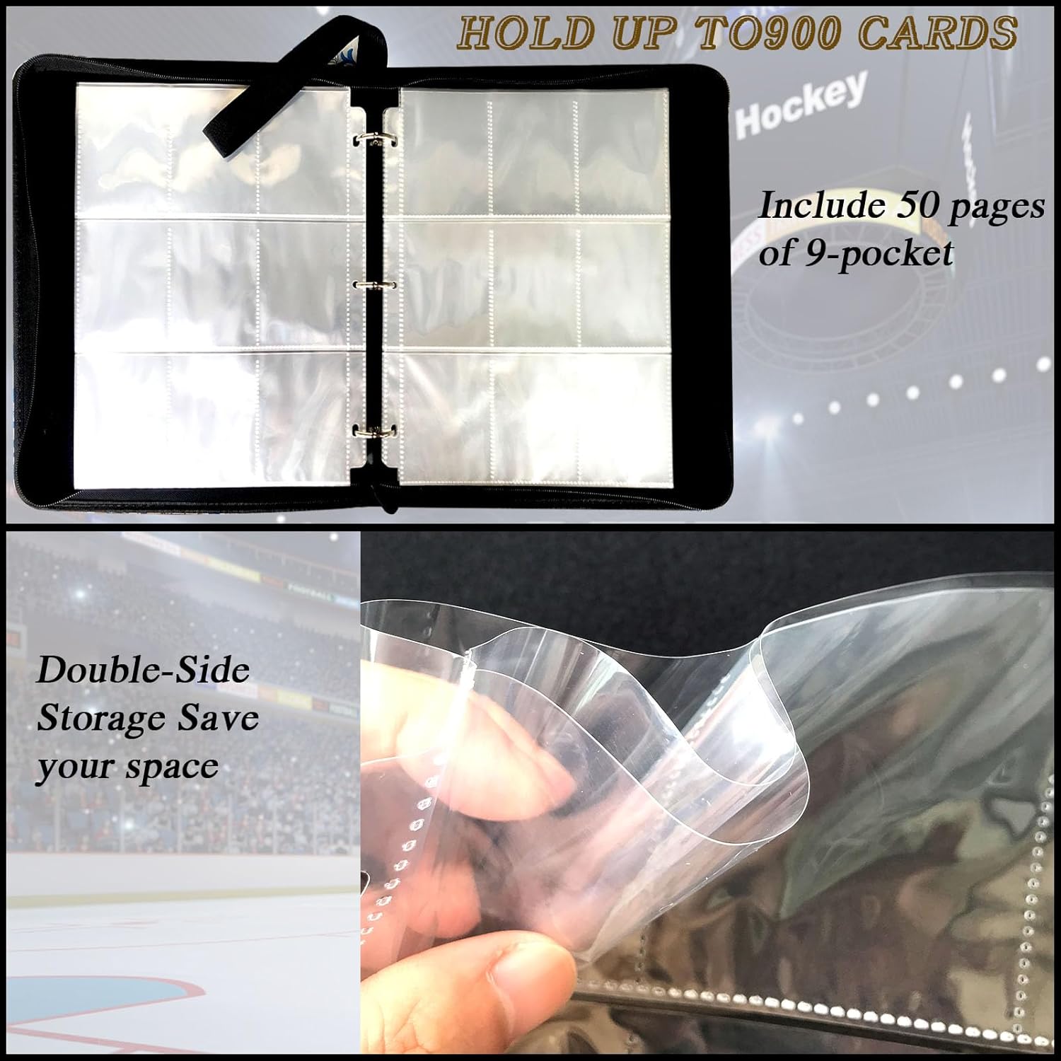 Hockey Card Binder 900 Pockets, Trading Card Binder Holder with 50 Removable Sleeves Fits 900 Sport Cards, Hockey Card Gifts Collector Album with Zipper Storage Display Case