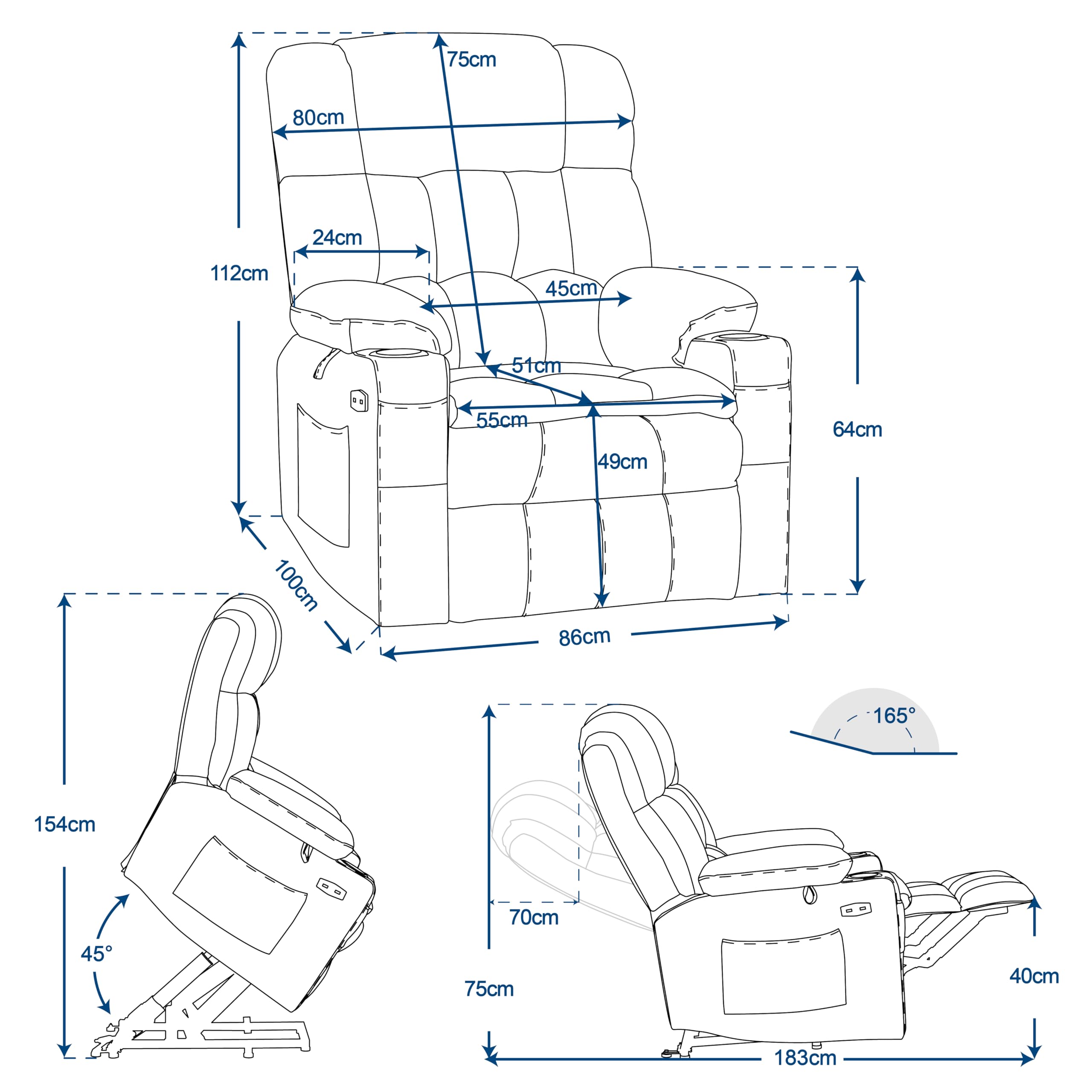 M MCombo Fauteuil TV 3-Moteurs avec Aide au Relèvement Électrique, Dossier, Appuie-Tête & Repose-Pieds Réglables Séparément, Fonction Allongée 165° 7546 (Microfibre-Gris foncé)