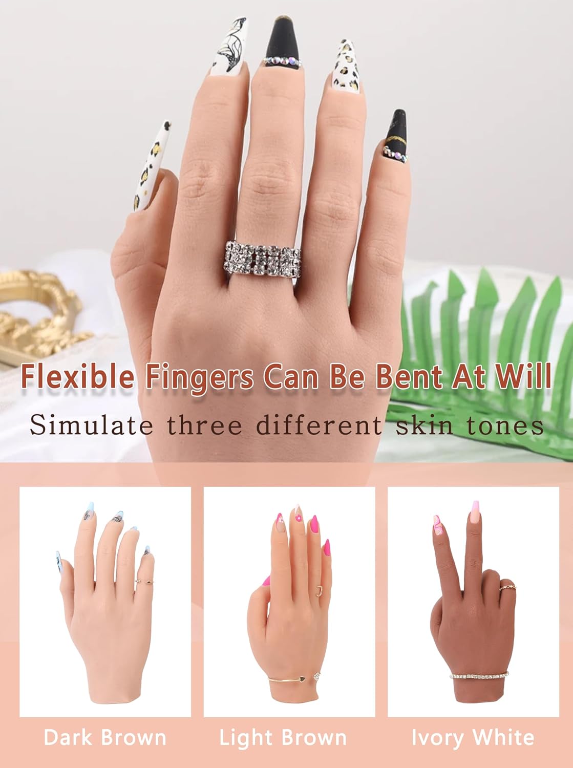 Silicone Practice Hand for Acrylic Nails with Stand Bracket, Flexible Bendable Nail Training Hand Technician Manicure Supply, Reusable Mannequin Hands for Nails Practice(Right Hand,Ivory White)