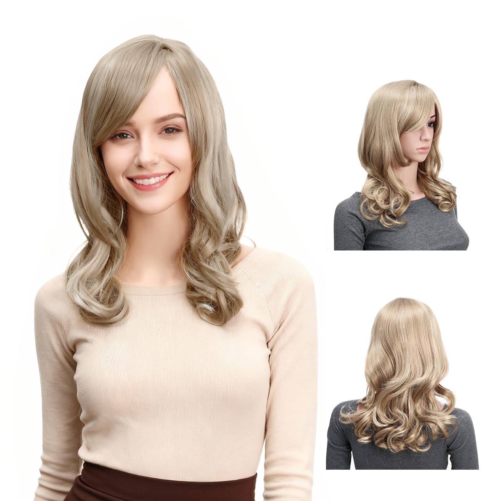 Onedor Full Head Beautiful Long Curly Wave Stunning Wig Charming Curly Costume Wigs with Fringe (24H613 Blonde Highlights)