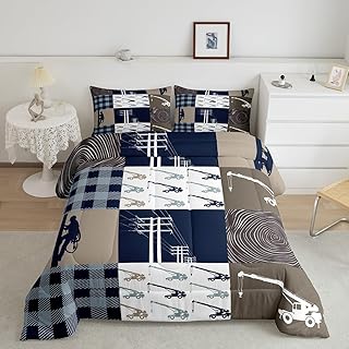 Feelyou Lineman Print Comforter Twin Size with 1 Pillow Case Plaid Patchwork Comforter Set Construction Vehicles Bedding Set Blue Quilted Duvet Set for Boys Girls Kids Adults