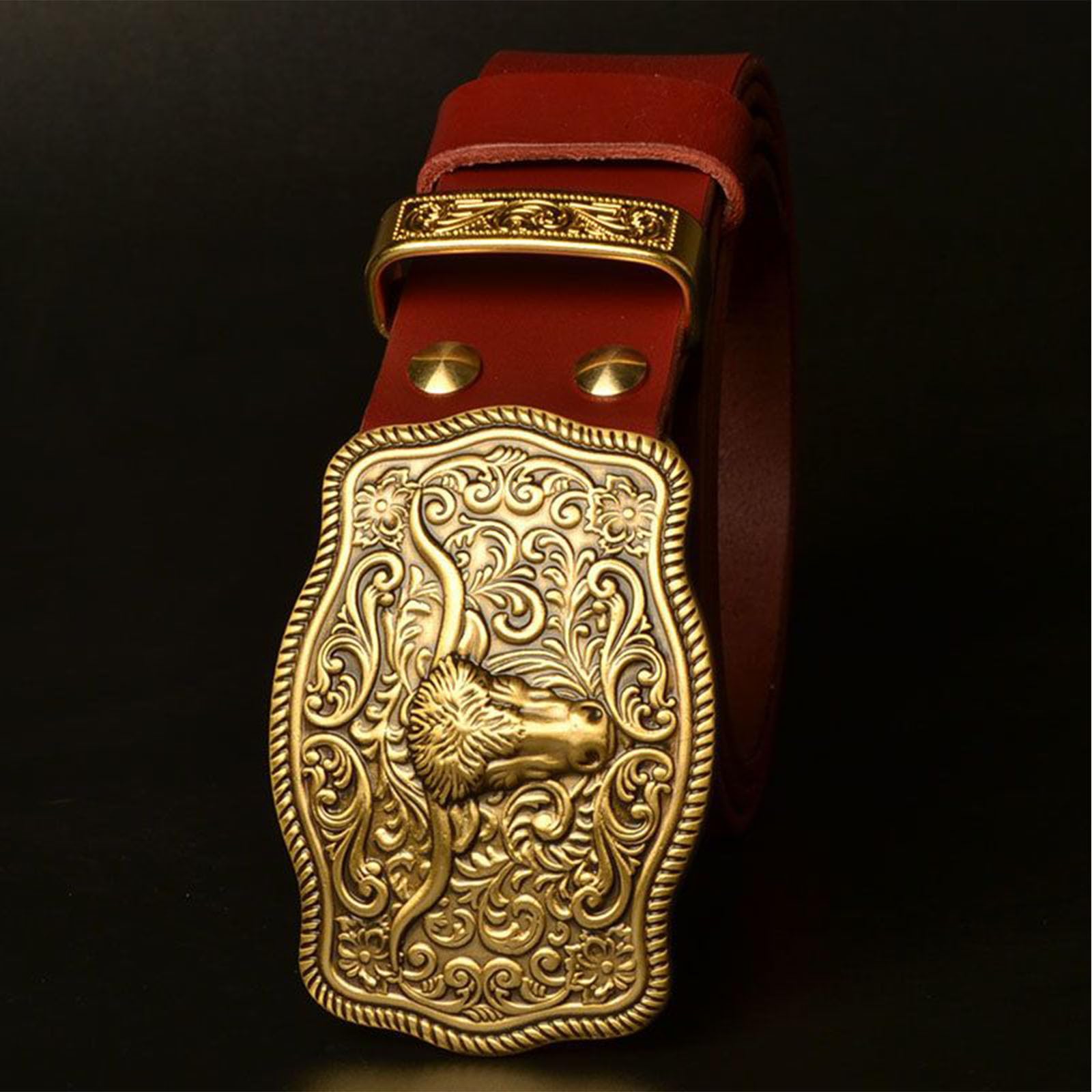 Cintura, Cowboy Western da Uomo, Cinture in Pelle da Uomo con Fibbia in Metallo in Ottone con Motivo Toro dalle Corna Lunghe Oro, Marrone Rossastro, 125CM/49.2''
