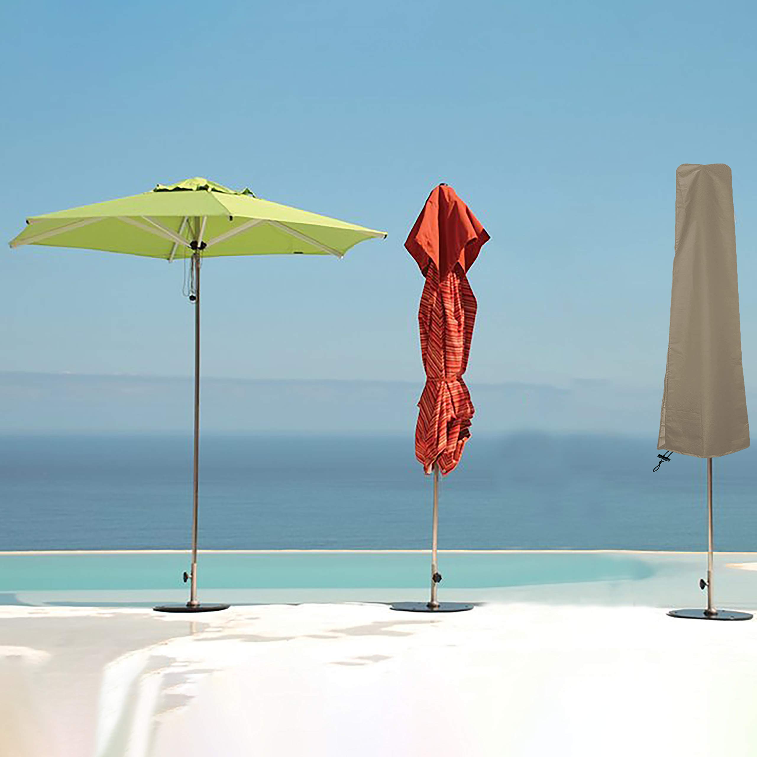 Pokrowiec na parasol na patio na zewnątrz 350 ml wodoodporny - 100% odporny na promieniowanie UV i warunki atmosferyczne pokrowiec na parasol - wytrzymałe pokrowce na meble na patio z kieszeniami powietrznymi i sznurkiem do wygodnego dopasowania (beżowy)
