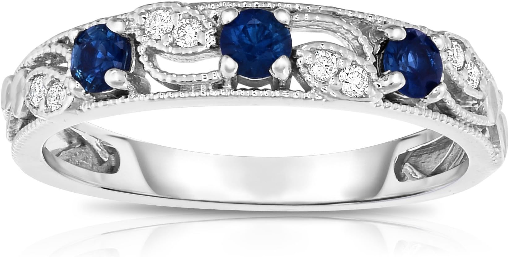 Noray Designs 14K White Gold Blue Sapphire & Diamond (0.06 Ct, G-H, SI2-I1 Clarity) Stackable Ring. Sizes 5-9