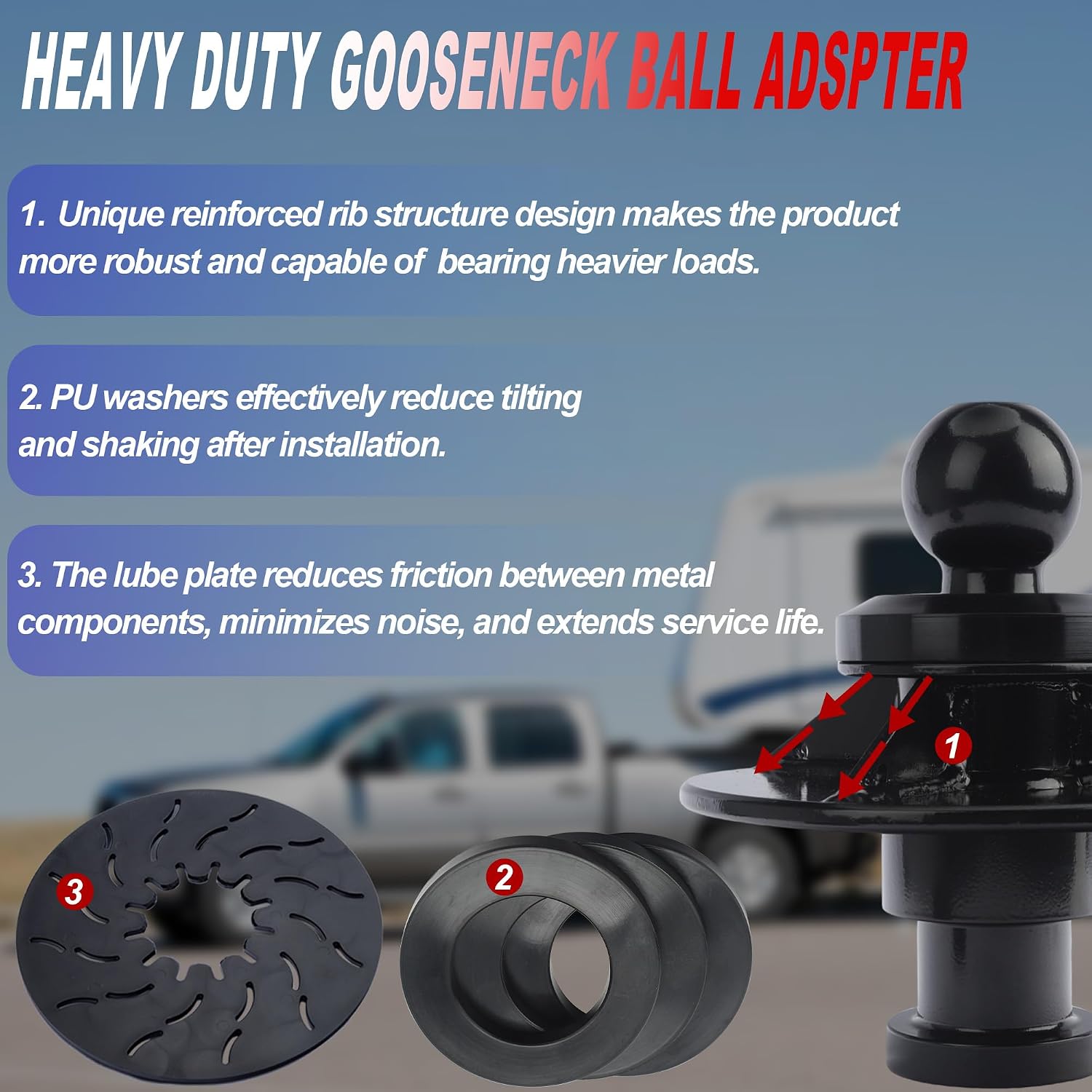 Kingpin to Gooseneck Ball Adapter 1.5" Raised Reinforced Rib for 2-5/16'' Fifth Wheel Gooseneck Ball Hitch Adapter, Fit for Tractor, Load Capacity 30,000 lbs, Replace#2085295 with Four Washer