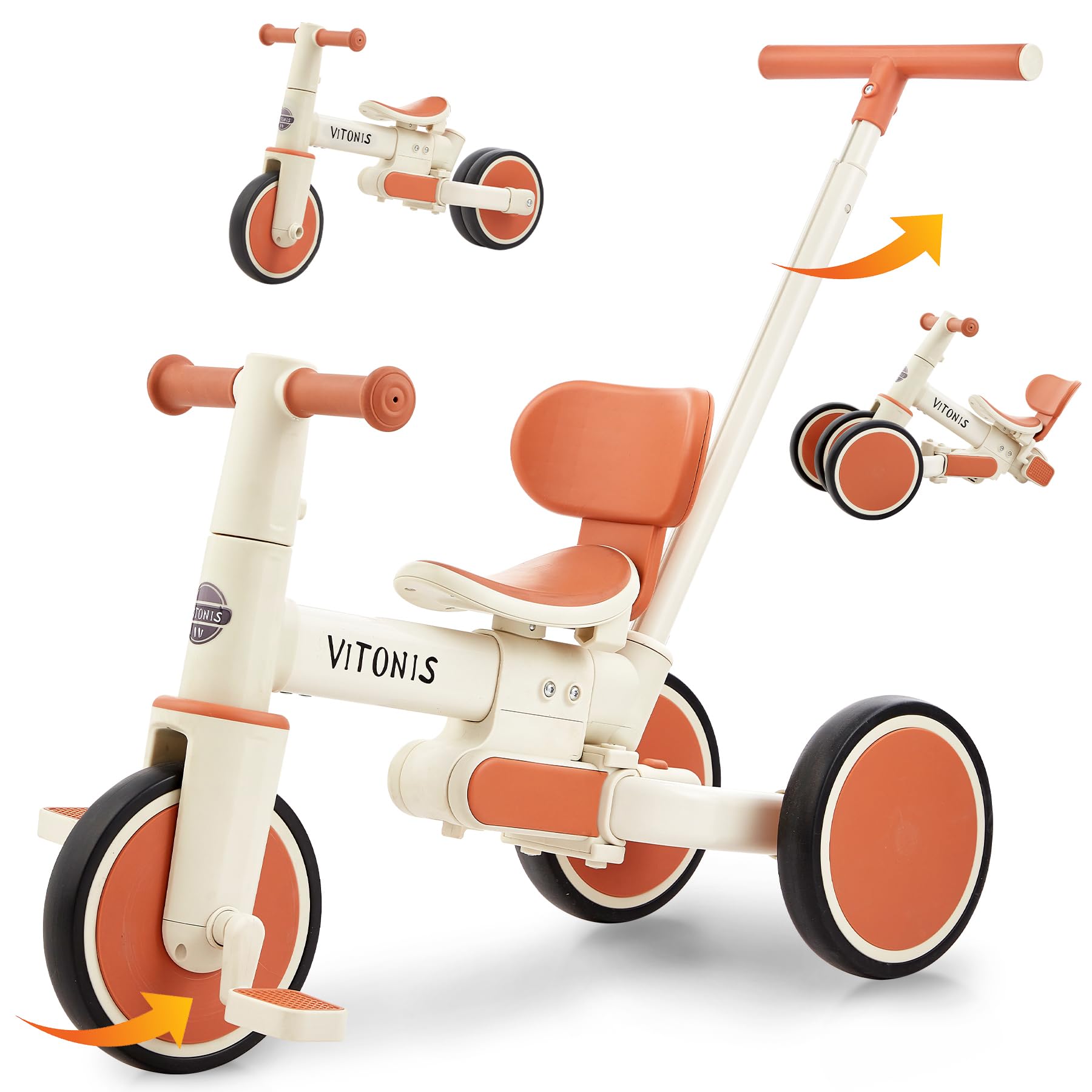 laufrad ab 1 Jahr, 5 in 1 Dreirad mit Schubstange für Kinder, Laufrad für Kleinkinder, Geschenk für Jungen und Mädchen, Beige