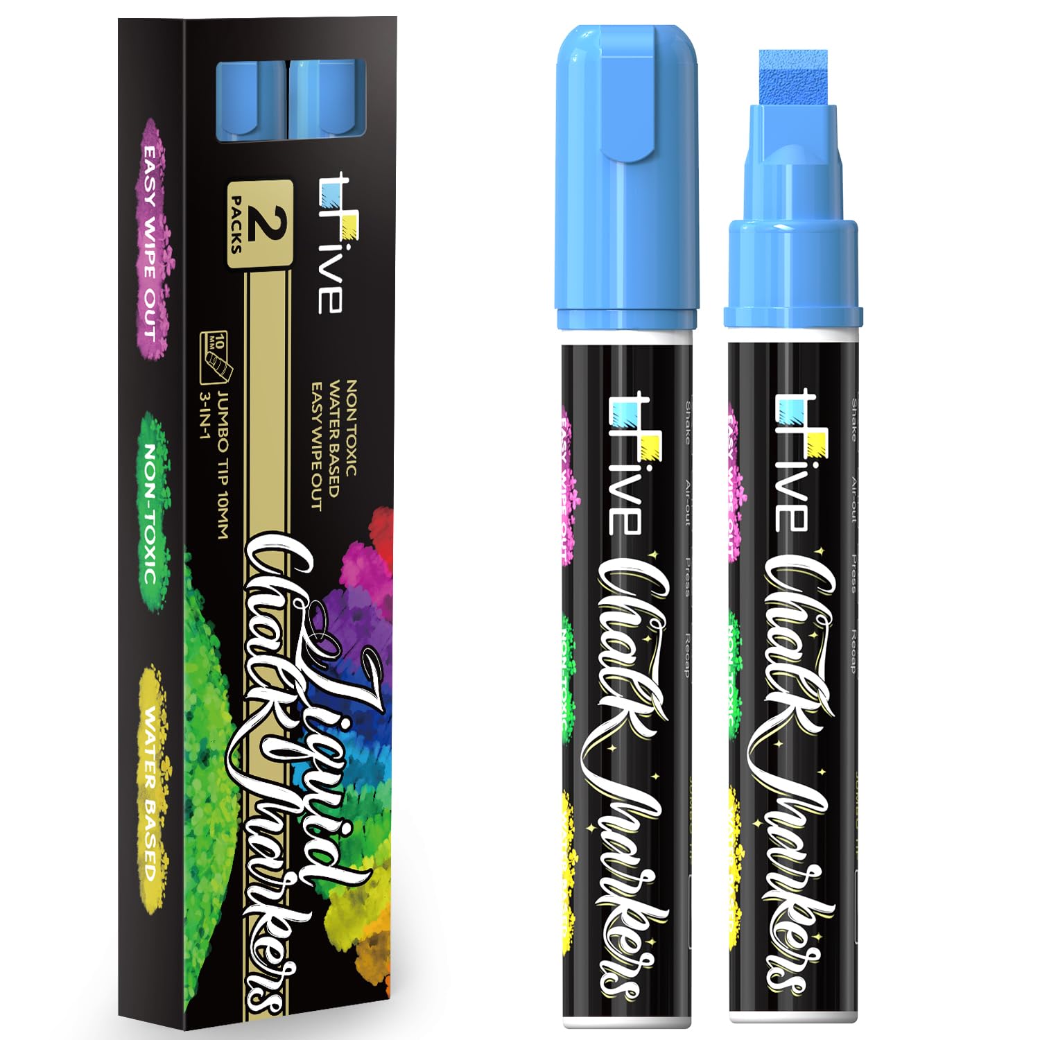 Photo 1 of TFIVE Blue Liquid Chalk Markers - 2 Pack Jumbo Chalk Pens with 10mm 3 in 1 Nib Wide Tips, Dry & Wet Erase Marker Pens for Glass, Chalkboard, BlackBoard, Windows, Calendar, Pumpkin, Mirror