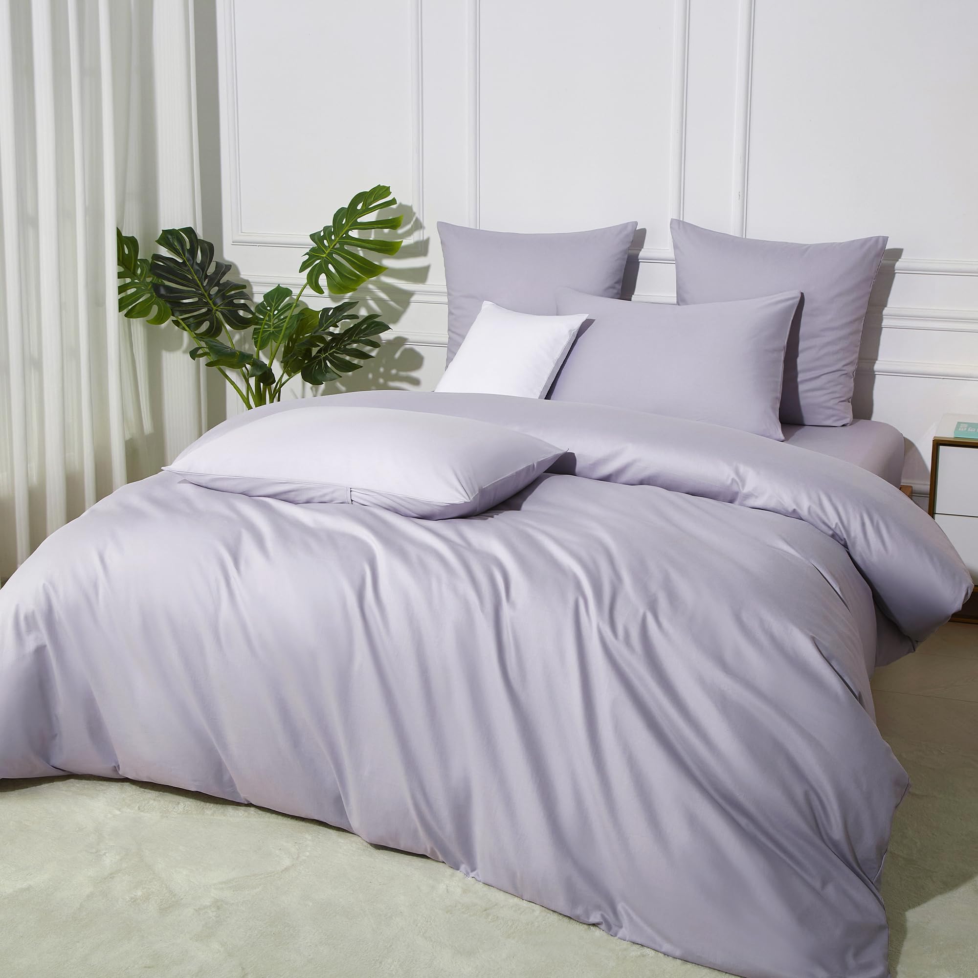 Biancheria da letto in cotone 155 x 220 cm, tinta unita, Lyocell, morbida e traspirante, set semplice copripiumino con chiusura lampo e 2 federe da 80 x 80 cm