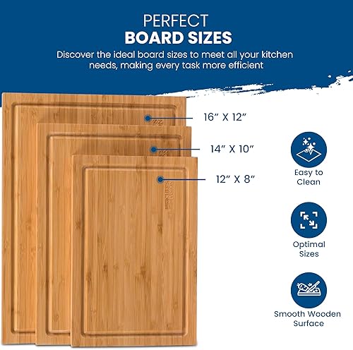 Miniatura 3 de Chef's Vision Juego de tablas de cortar de bambú, tablas de cortar de madera orgánica de 3 piezas para cocina, tabla de cortar de bambú duradera, no