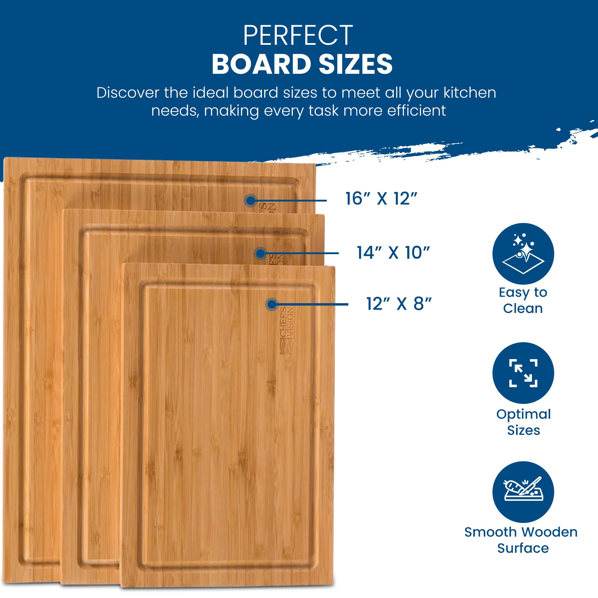 Juego de Tablas de Cortar de Bambú Chef's Vision - Set de 3 Tablas de Cortar de Madera Orgánica para Cocina - Tabla de Cortar Duradera y Ecológica para Cocina-Tamaños Extra Grande, Grande y Mediano