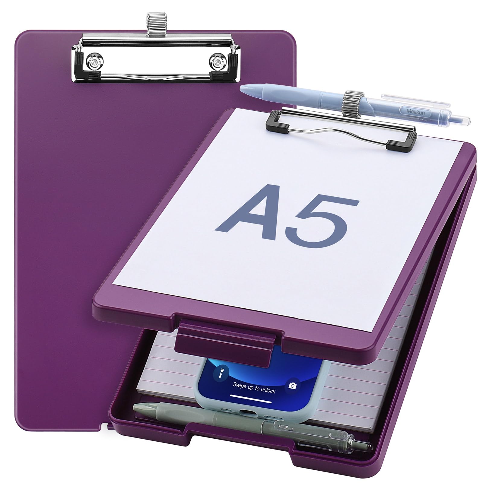 Small Clipboard with Storage, A5 Clipboards with Pen Holder, Half Letter Clip Boards 6x9 Mini Plastic Clipboard with Low Profile Clip for Classroom, School, Office Supplies (Purple)