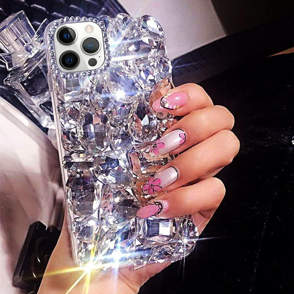 BonitecCompatible with iPhone 13 Pro Max Case for Women 3D Glitter Sparkle Bling Case Luxury Shiny Crystal Rhinestone Diamond Bumper Clear Gems Cute Protective Girly Case Girls Cover