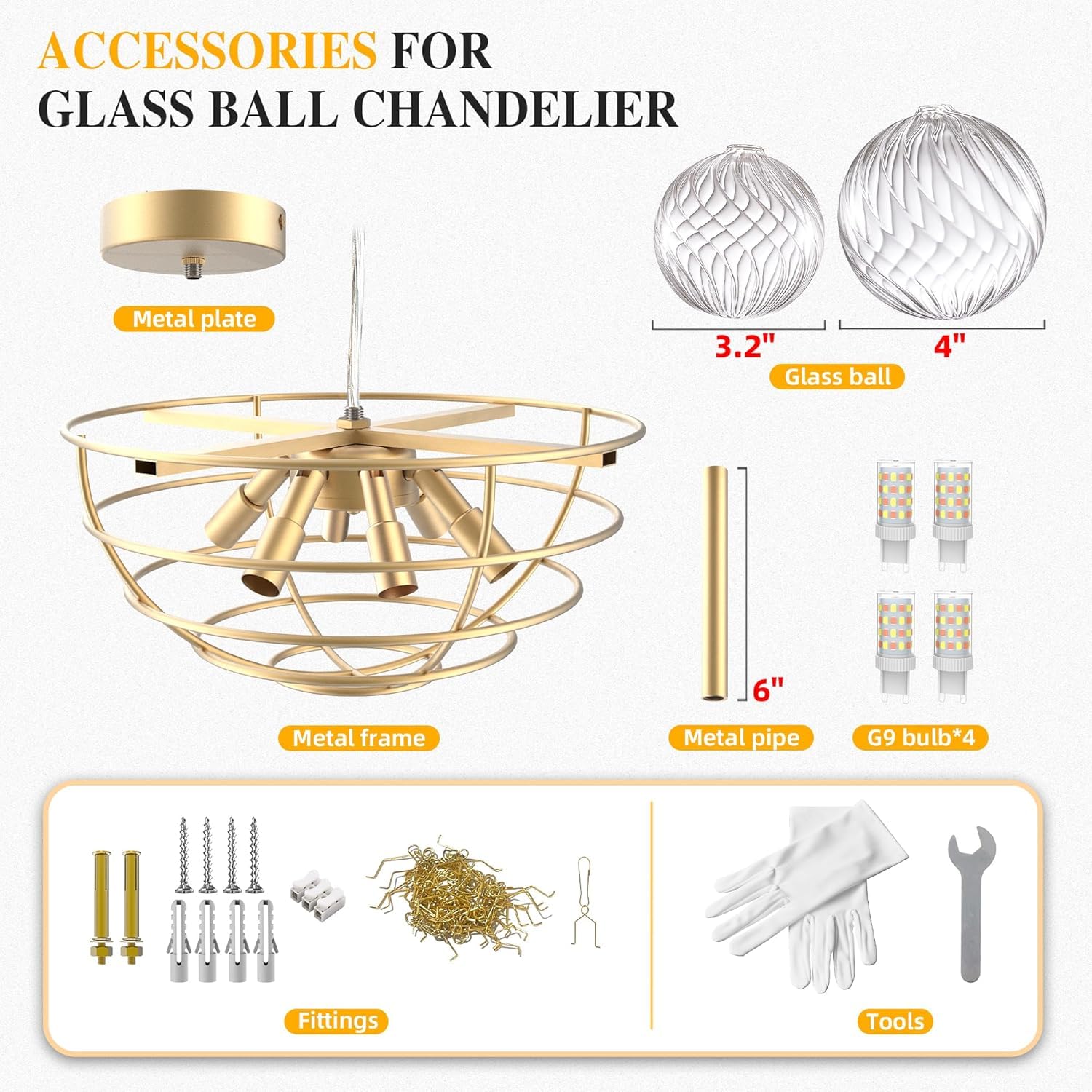 Gold Kronleuchter,Bubble-Glas Deckenleuchte, 6 Leuchten Pendelleuchte,D60 x H45 cm Einbau-Deckenleuchte für Wohnzimmer für Küche Esszimmer Schlafzimmer Flur (60 × 45 Einbau)