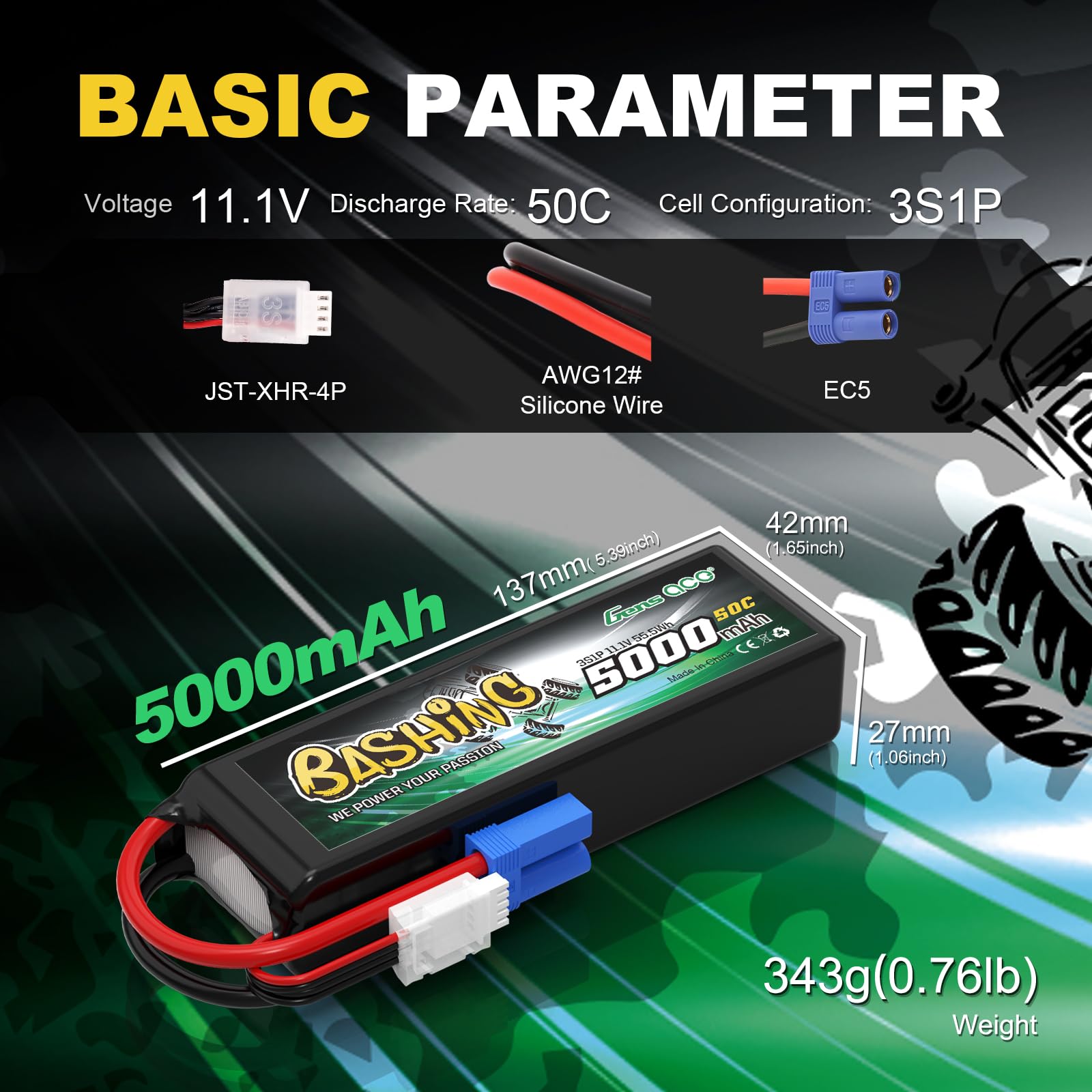 Gens ace 3S Lipo 5000mAh 11.1V 50C Bashing Battery EC5 do RC 1/8 1/10