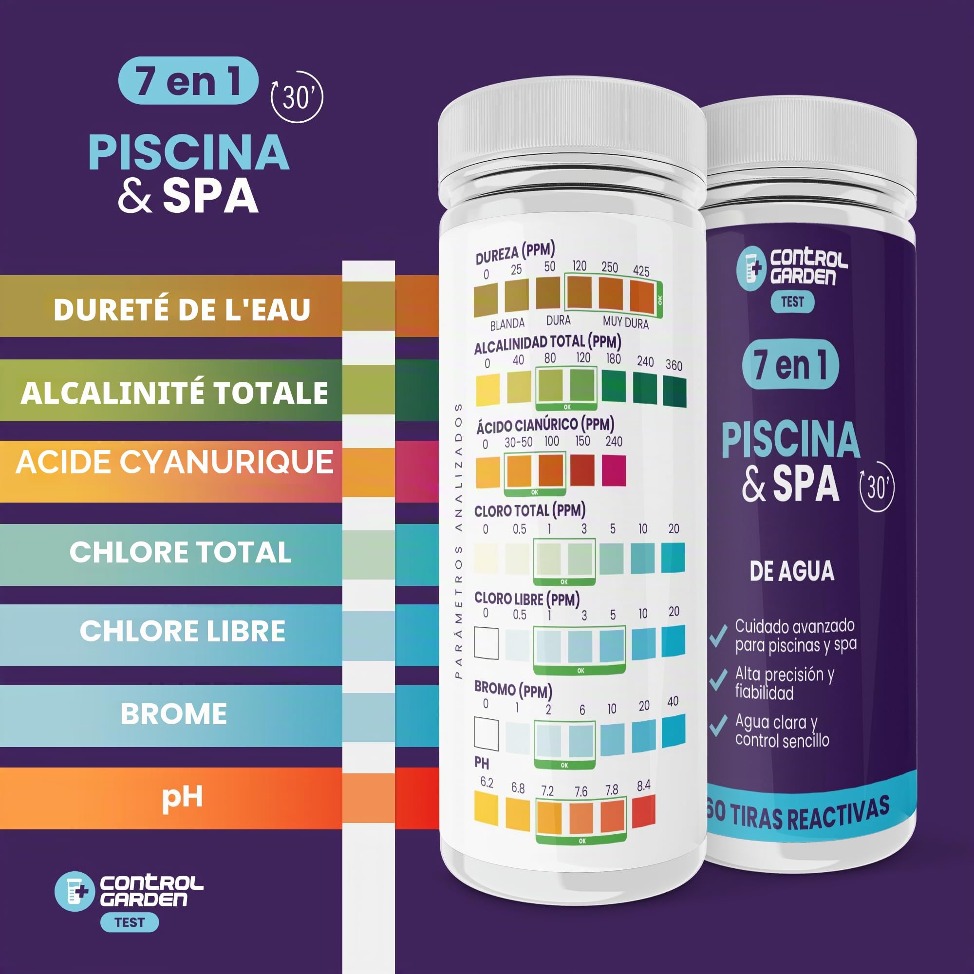 Control Garden Lot de 160 bandes pH réactives 7 en 1 | Test piscine et spa | Testeur de pH, chlore libre et total, brome, alcalinité, dureté, acide cyanurique, eau de bain, analyse 30 s, contrôle