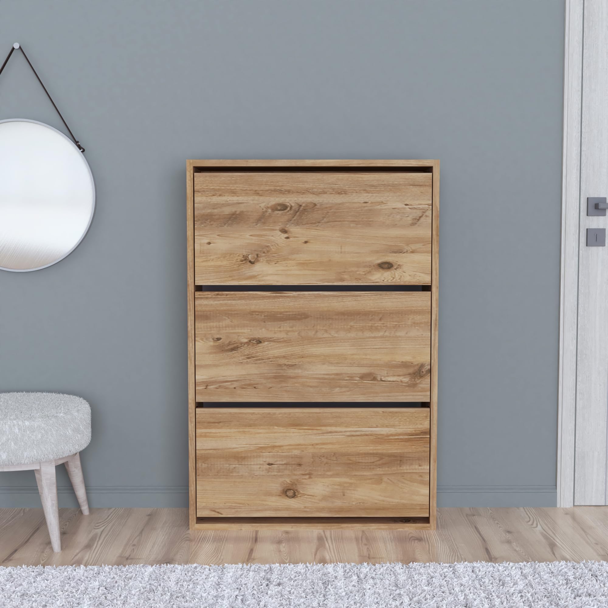 [en.casa] Zapatero para Pisos Pequeños Mueble Recibidor 3 Puertas Abatibles Capacidad máx. 18 Pares de Calzados Aglomerado 110 x 74 x 24 cm - Efecto Roble