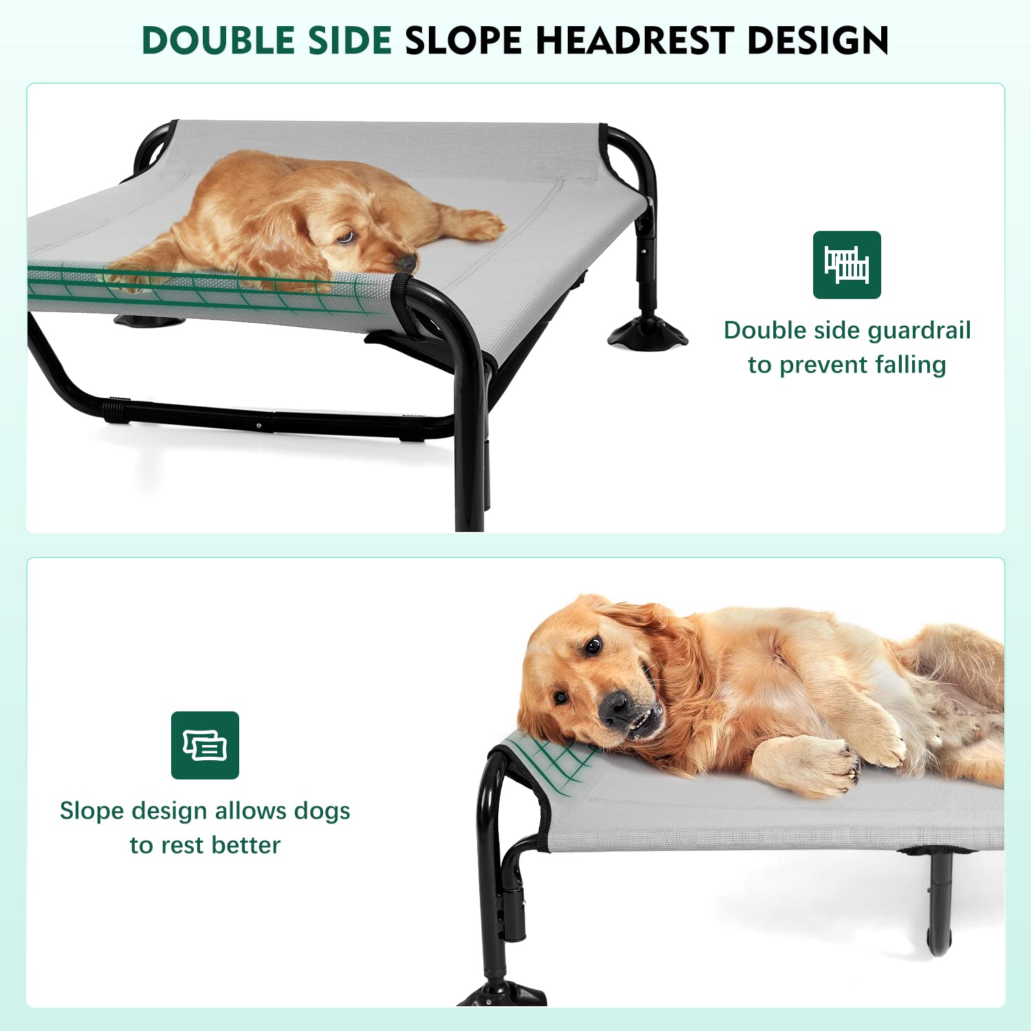 Duckygoo Elevated Dog Bed Chew Proof,Cooling Outdoor Dog Bed with Powerful Anti-Slip Feet/Washable Breathable Mesh,Raised Dog Bed with Double Side Slope Headrest,Pet Cot for Outside/Camping/Indoor-L