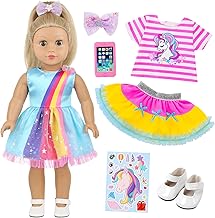 ECORELF 18-Zoll-Puppenkleidung f&uuml;r Amerikaner, 2-Set-Puppenkleidung f&uuml;r M&auml;dchen und Accessoires f&uuml;r 18-Zoll-Puppen. 7 St&uuml;ck umfassen Kleid, Haarspange, Telefon, Schuhe, Aufkleber, Oberteil und Minirock