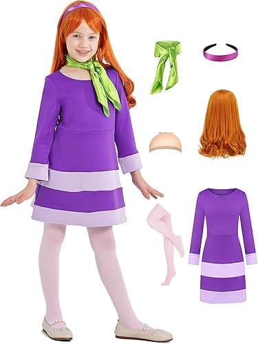 Disfraz de Daphne para niños, disfraz de Halloween para niñas, trajes de cosplay de lujo, peluca, bufanda, diadema, accesorios para medias