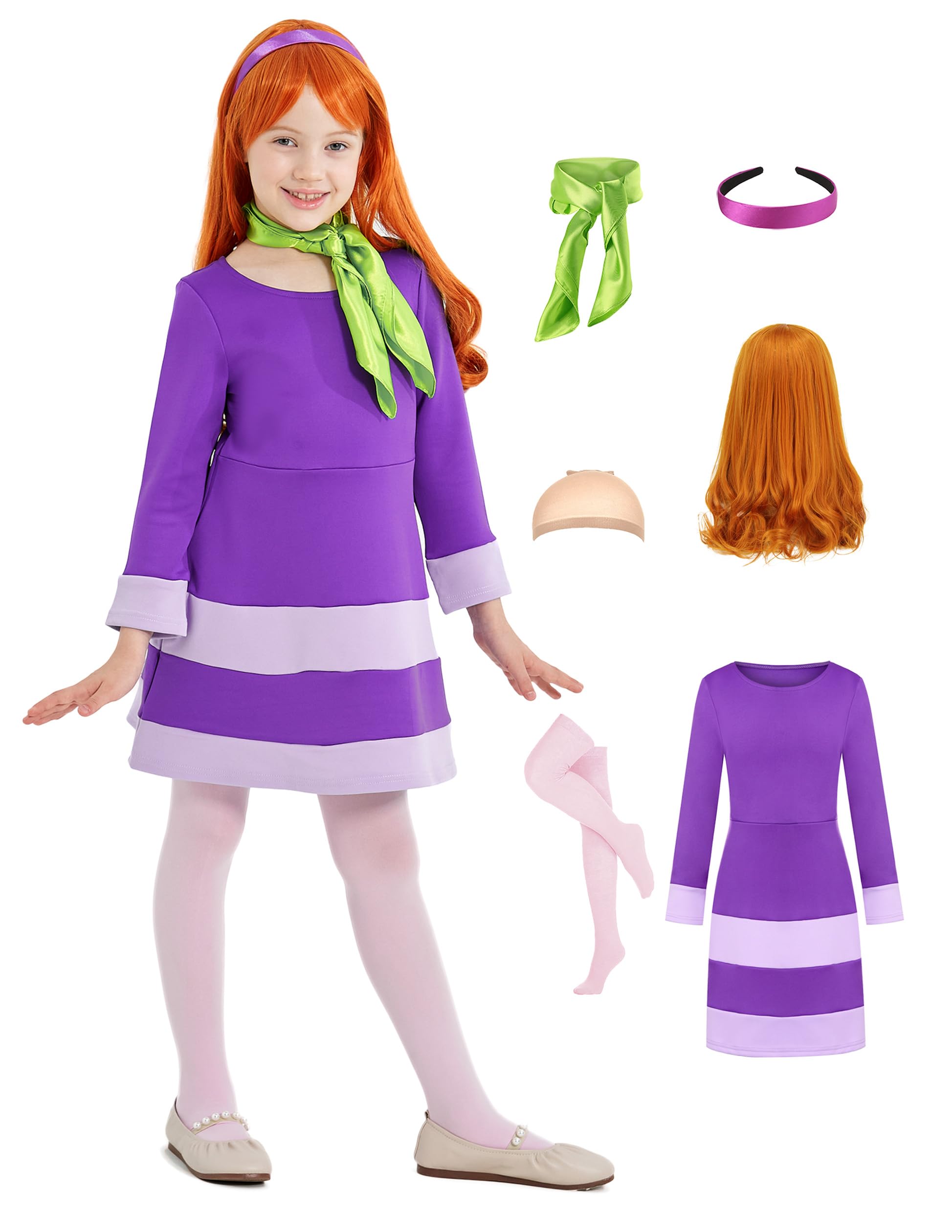 OumbivilDaphne Costume Dress Kids Girls Halloween Costume Deluxe Cosplay Outfits Wig Scarf Headband Stockings Accessories