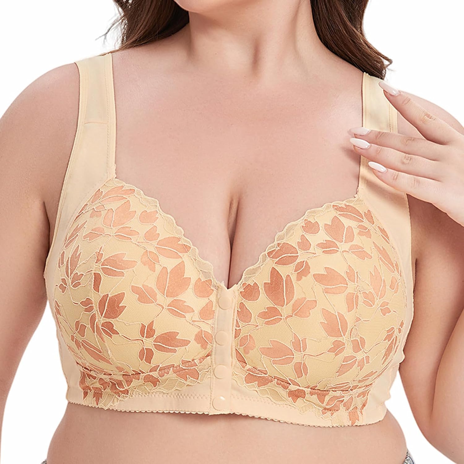 Plus Size Bra - Big Busted Women's Lace T-Shirt Bra with Front Close and Underwire 40G Beige