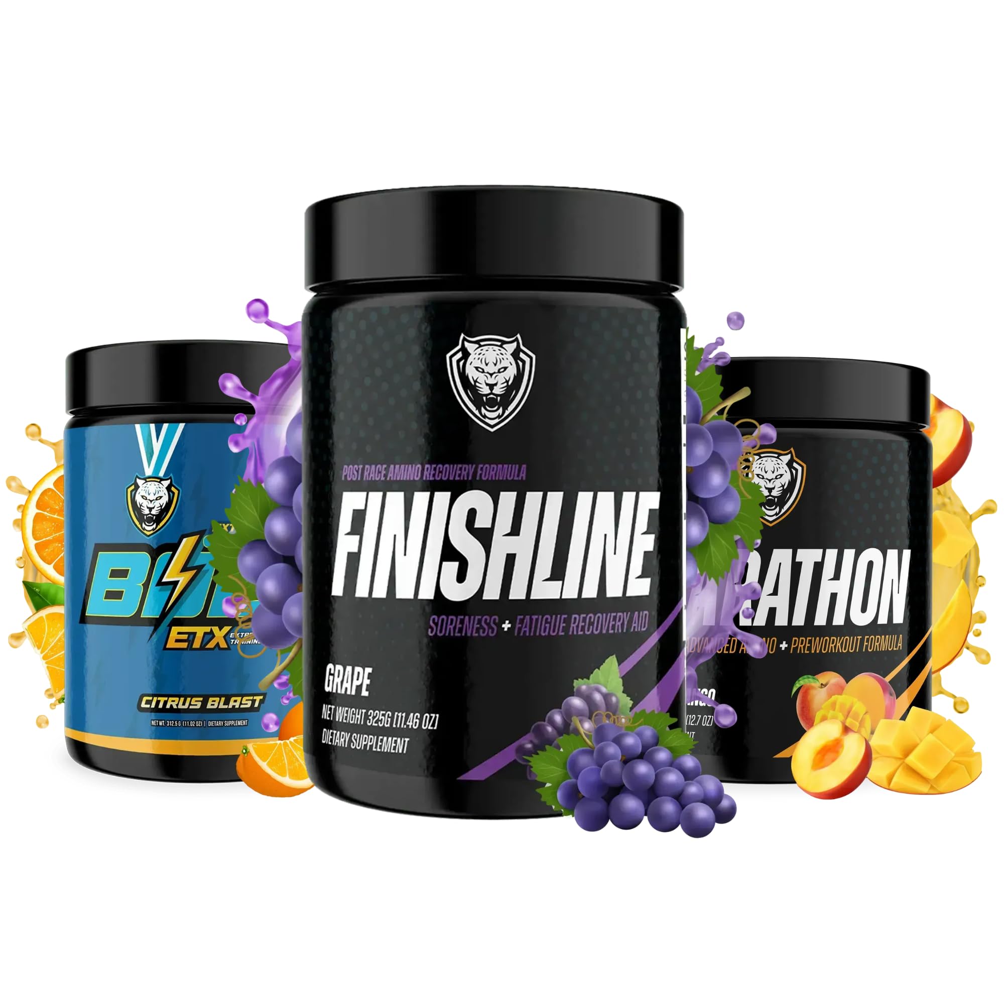 6AM Run Marathon Training Trio – Energy, Focus & Recovery Bundle (Sprint, Marathon, FinishLine) – Dietary Supplement Powder (901g, Bolt - Citrus/Marathon (Peach Mango) / Grape)