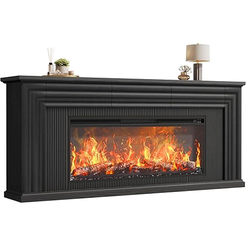 PRAISUN 70'' Fireplace TV Stand with 42'' Electric Fireplace, Farmhouse TV Stand for 65 75 Inch TV, Entertainment Center TV Console with 3 Drawers, Fluted Design, for Living Room, Black