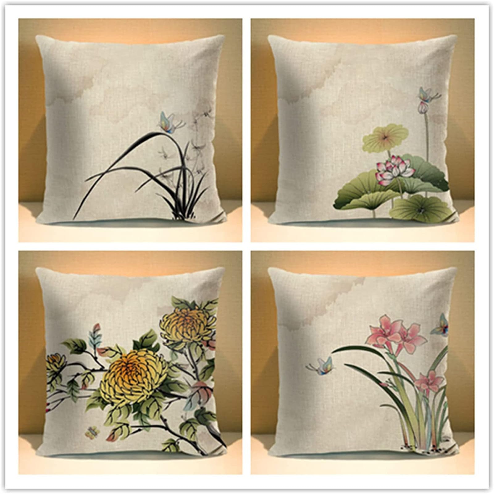 Housses de coussin lin 50x50 anti-poussière lot de 4 taies d'oreiller fleur pour canapé