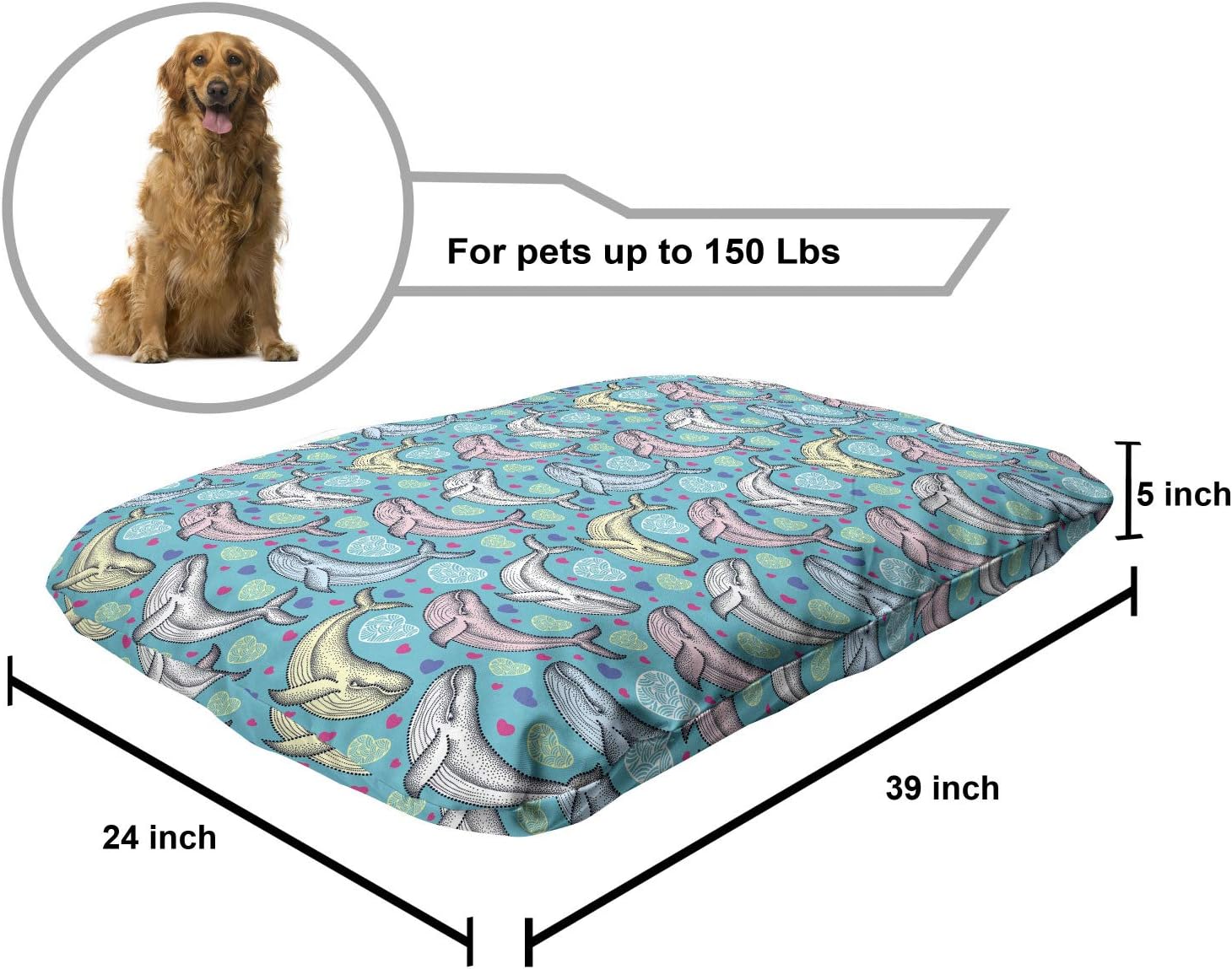 review Lunarable Turquoise Pet Bed, Dotted Humpback Whale in Pastel Colors and Hearts Maritime Valentine Day, Chew Resistant Pad for Dogs and Cats Cushion with Removable Cover, 24