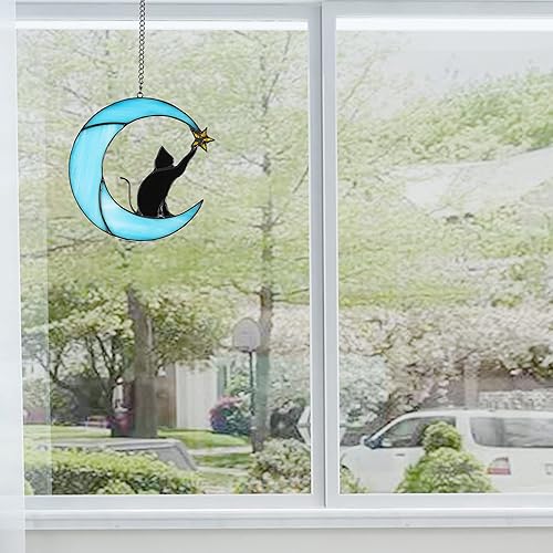 Miniatura 7 de Gato en luna con vitral, estrella para colgar en la ventana, decoración de regalo conmemorativo para mujeres (gato negro sobre luna azul)