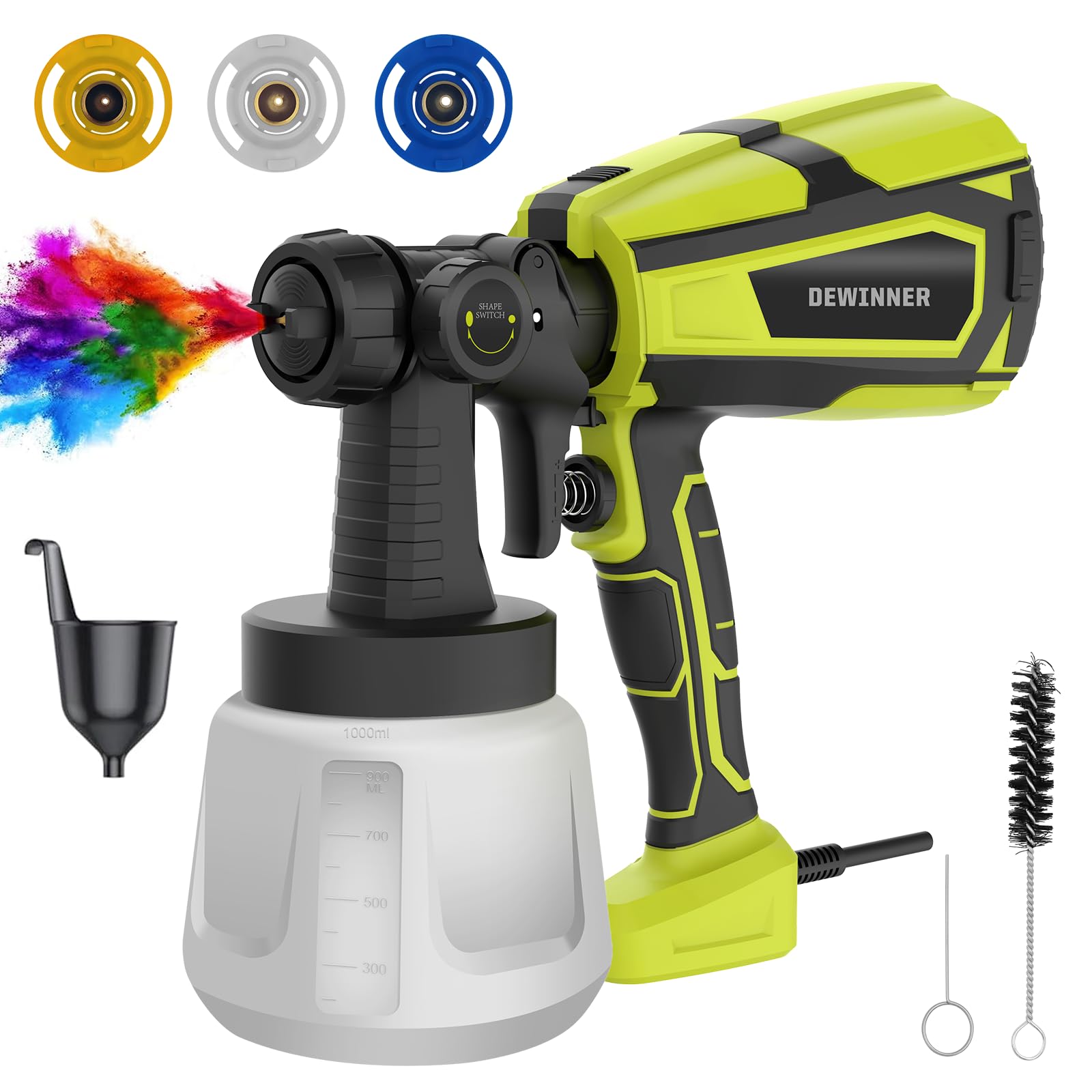 Paint Sprayer 600W DEWINNER Electric Paint Gun Jet with Removable 1000ml Fuel Tank, Up to 700ml/min, 3 Spray Patterns, 3 Nozzle Sizes, Paint Spray Gun for Fencing, Cabinets, Furniture, Home Painting