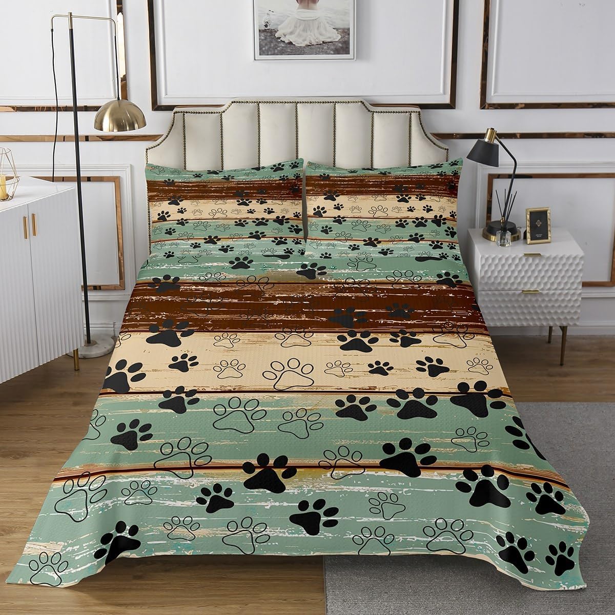 Erosebridal Teal Brown Dog Paw Prints Quilt Set Queen,Country Wooden Bedspread Set,Funny Puppy Animal Bedspread Sets for Women Men Adults,Farmhouse Lodge Cabin Rustic Decor Coverlet Set