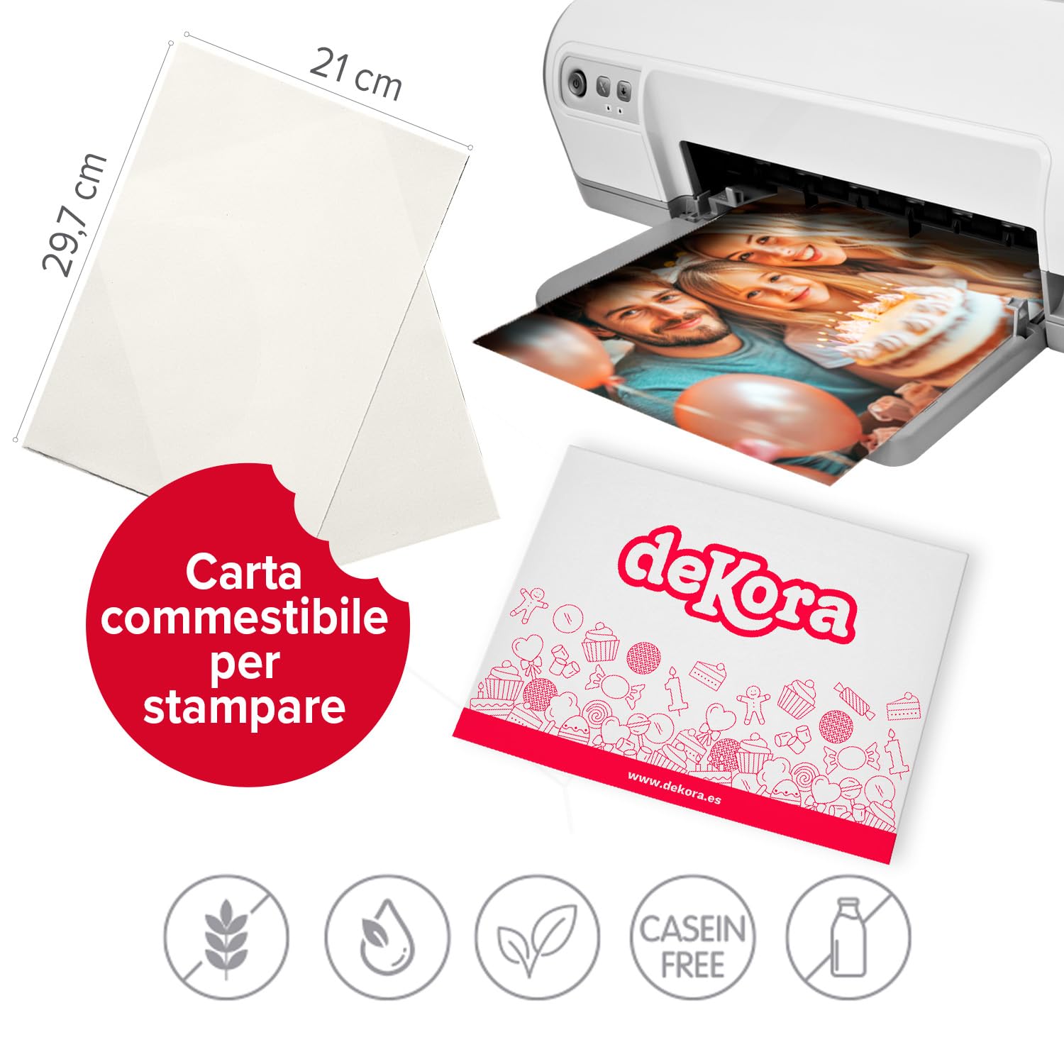 dekora – 25 Fogli A4 di carta commestibile di zucchero per stampante alimentare | Decorazioni commestibili per torte | Senza glutine, senza E171 compatibile con stampanti inkjet