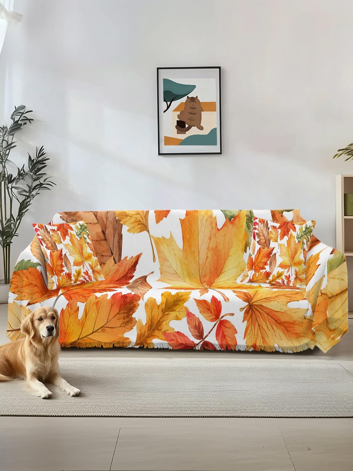 Orange Yellow Fall Couch Cover for 2 Cushion Couch, Thanksgiving Maple Leaves Farmhouse Washable Love Seat Sofa Covers Slipcover,Throw Sofa Covers for Pets Kids, Furniture Protector 71"x102"