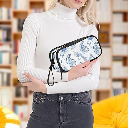 Miniatura 7 de Nylon Pencil Bags For Kids Soft Boho Paisley Flower Blue White High Capacity Large Pencil Case Stationery for Preppy School Adolescents estuche para