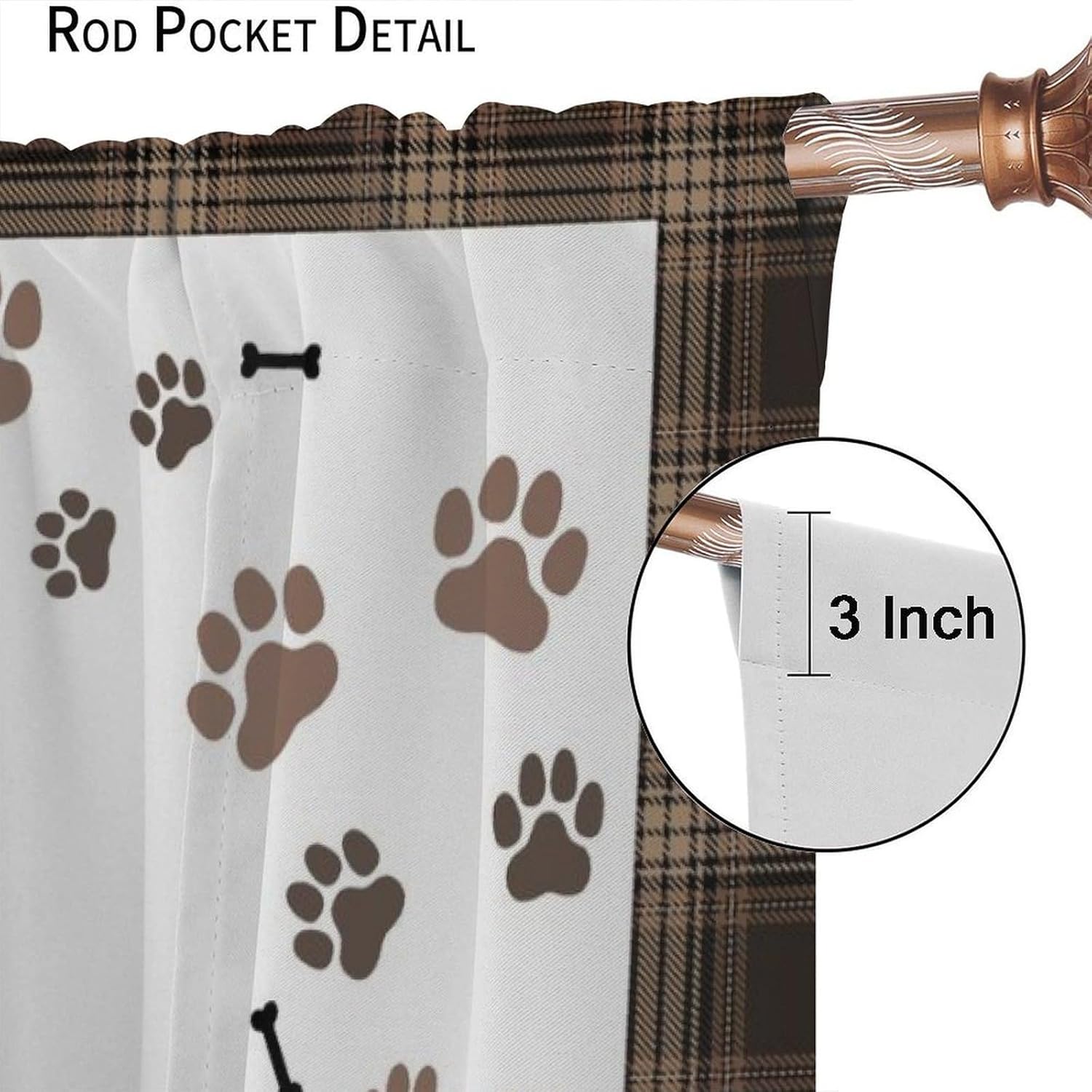 Dog Paw Print Curtains, Rustic Eucalyptus Pet Cute Puppy Bones Brown Plaid Print Window Treatment for Kids Bedroom Kitchen Living Room Nursery Dinning Room Drapes, 42x45 Inch