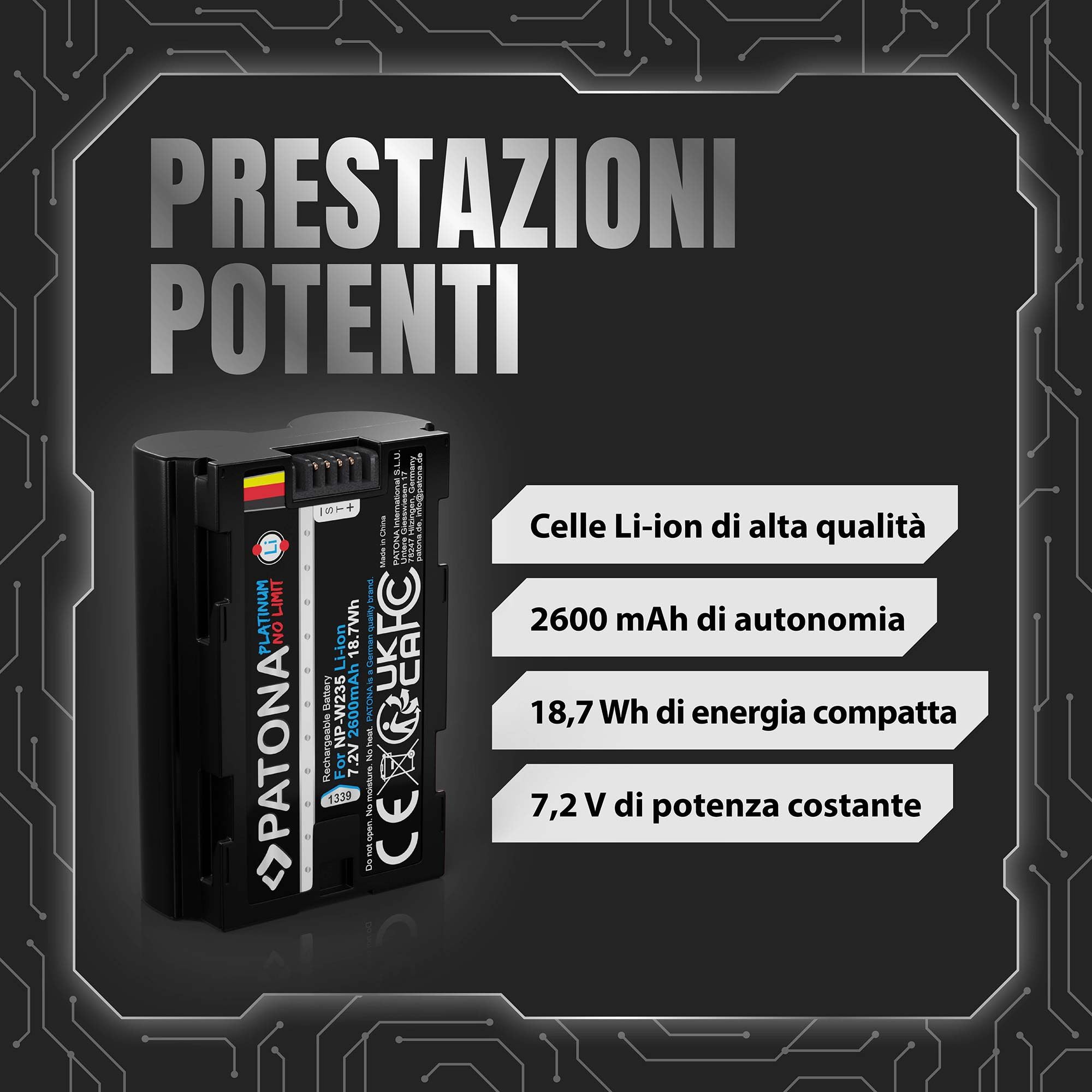 PATONA 2X Platinum NP-W235 Batteria 2600mAh – Ricambio per Fujifilm NP-W235 – per X-T4, X-T5, X-H2, X-H2S, X-S20, GFX-50S II, GFX-100S, GFX-100 II – una scatta, una si ricarica