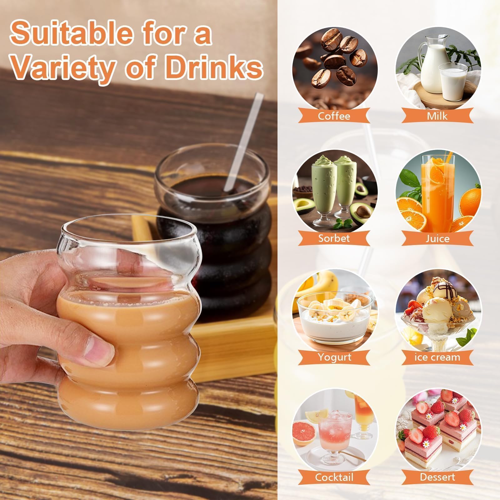 350ml Bicchieri Della Bolla con la Paglia,Set di bicchieri a Coste 4pcs,bicchieri Dell'Onda Tumbler di Vetro,Bicchieri Dell'Acqua per Il Latte Macchiato Caffè Freddo Whisky Cocktail Caffè Soda (B)