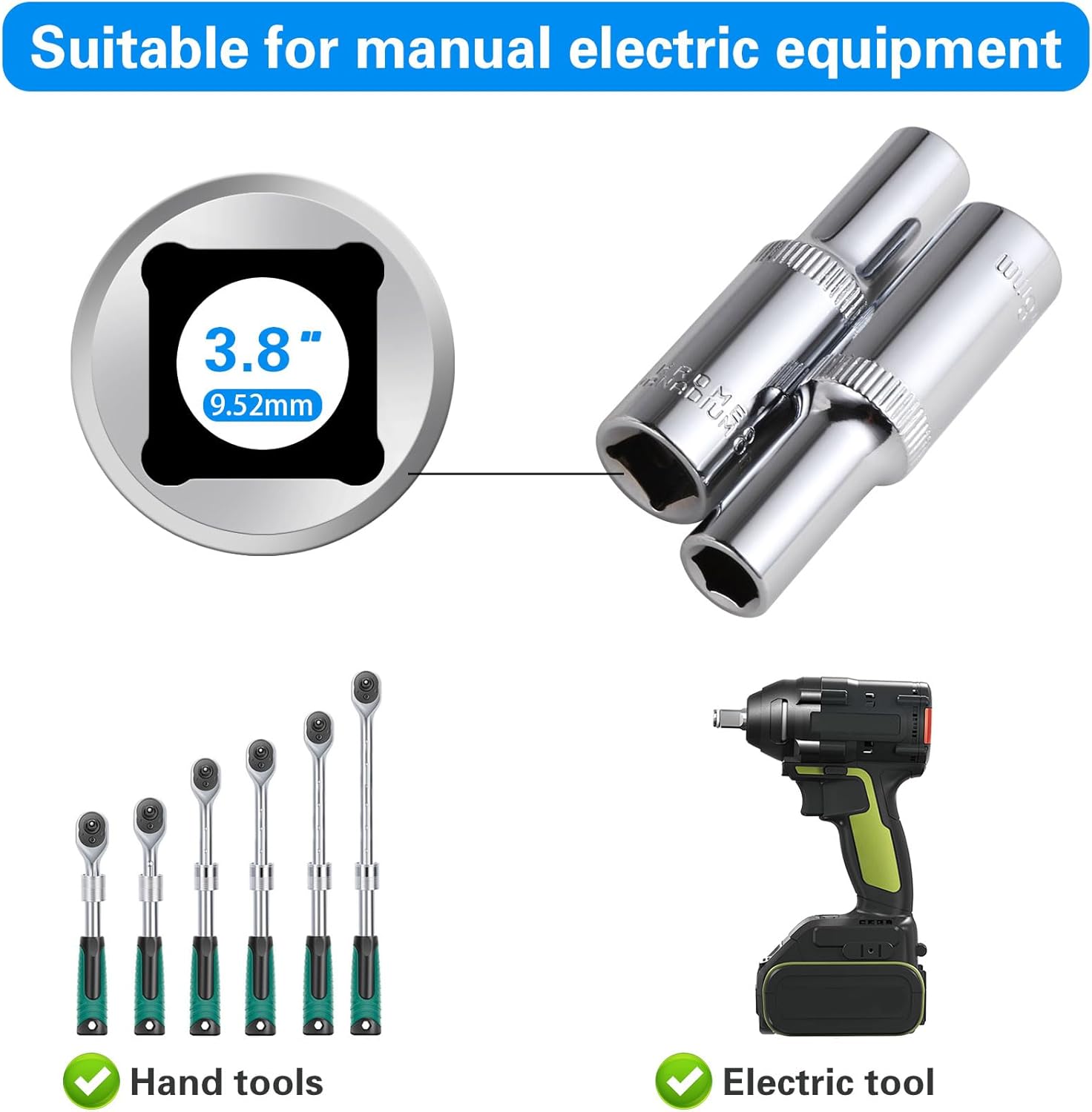 6-Piece 8mm Deep Sockets, 3/8-Inch Drive, 6-Point, Corrosion Resistance, Compatible with Standard Ratchet Wrenches and Tools