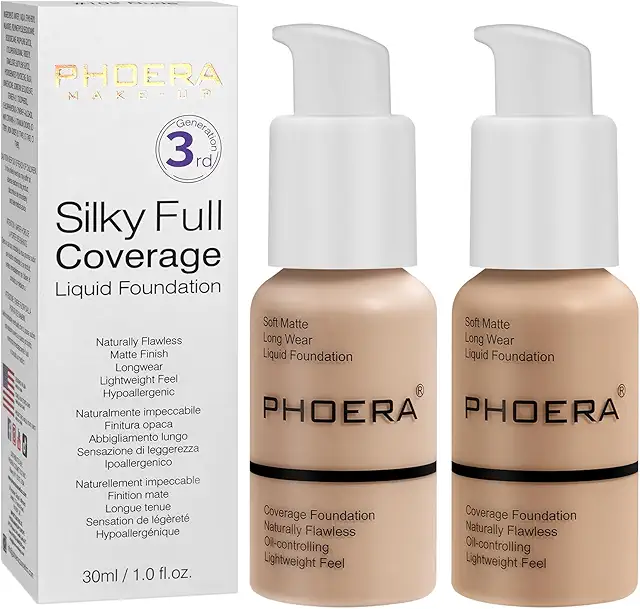 Imagen relacionada con PHOERA Base, PHOERA Base líquida mate, Maquillaje PHOERA para mujeres, Corrector de cobertura total de base PHOERA, Corrector de control de aceite mate las 24 horas(2pcs-102+104/ Nude+Buff Beige)