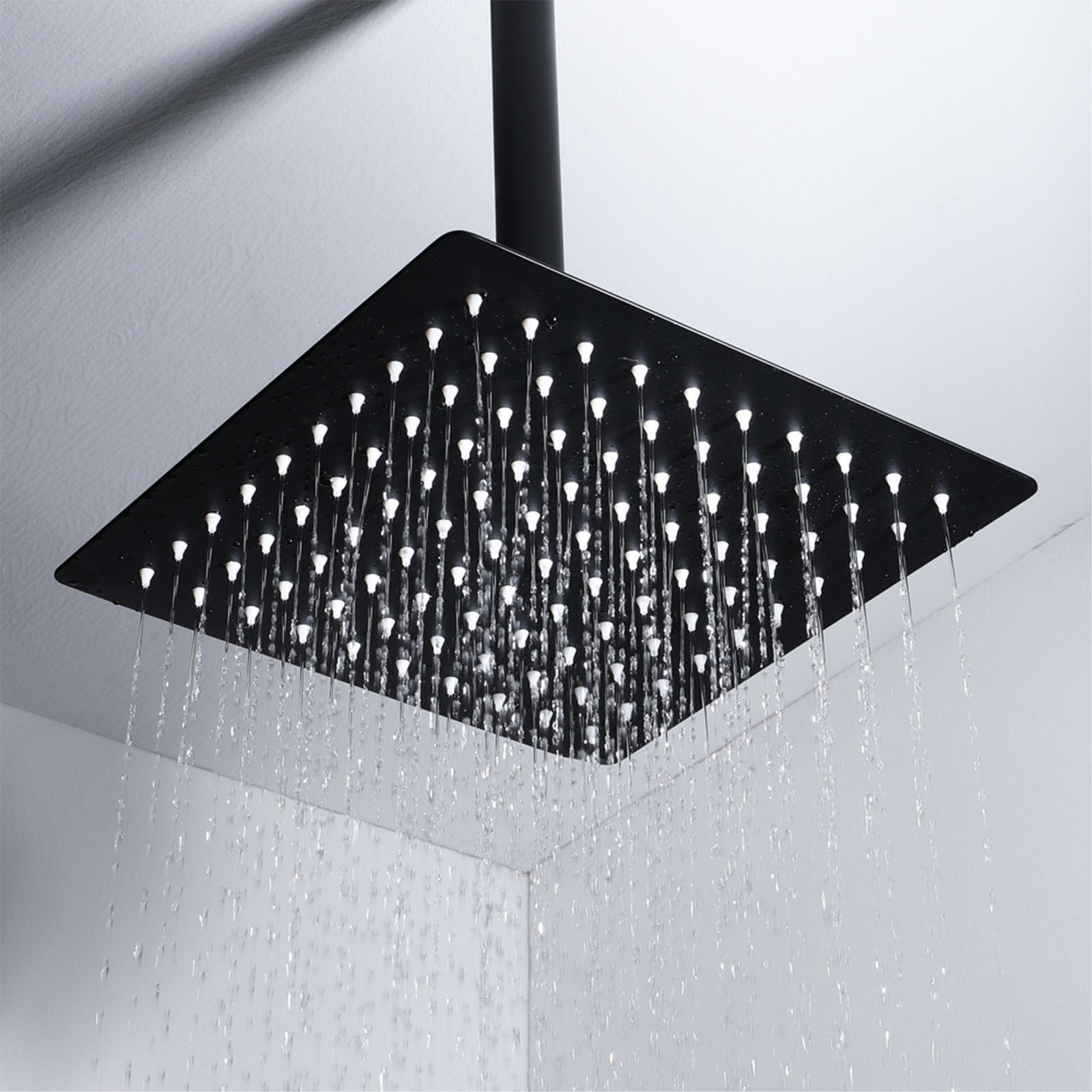 Cabezal de Ducha Lluvia 16 Pulgadas, Alcachofa de Ducha de Lluvia Redondo de Acero Inoxidable, 40 x 40cm Ajustable Rociador de Ducha Antical de Alta Presión, Negro, G1/2