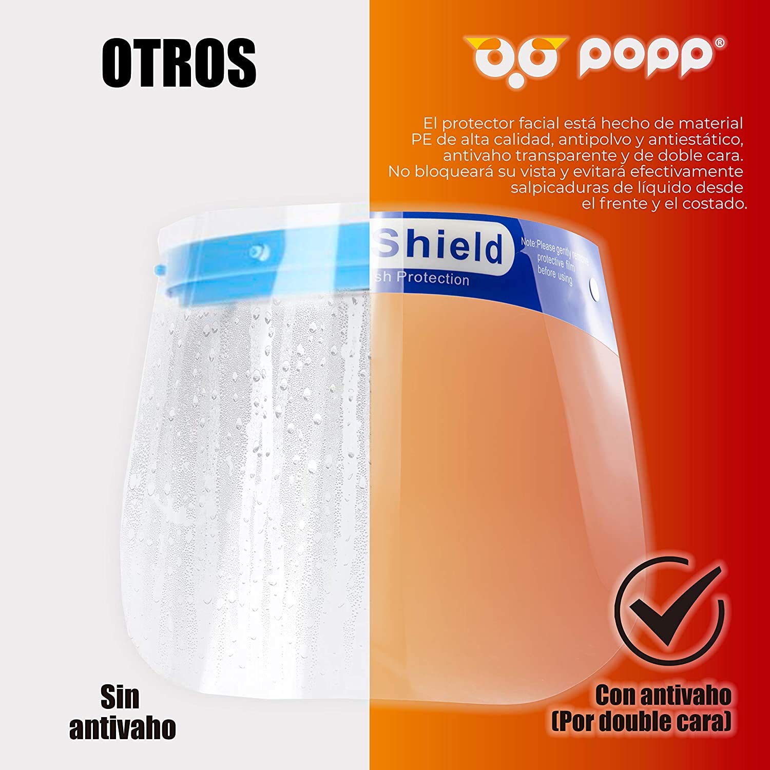 HIBRON POPP Pantalla doble Protección Facial Transparente Antivaho Reutilizables, Pack 5pcs 10pcs 20pcs 30pcs 50pcs 100 pcs Ajustable Al Rostro Completo, Material PE-188um