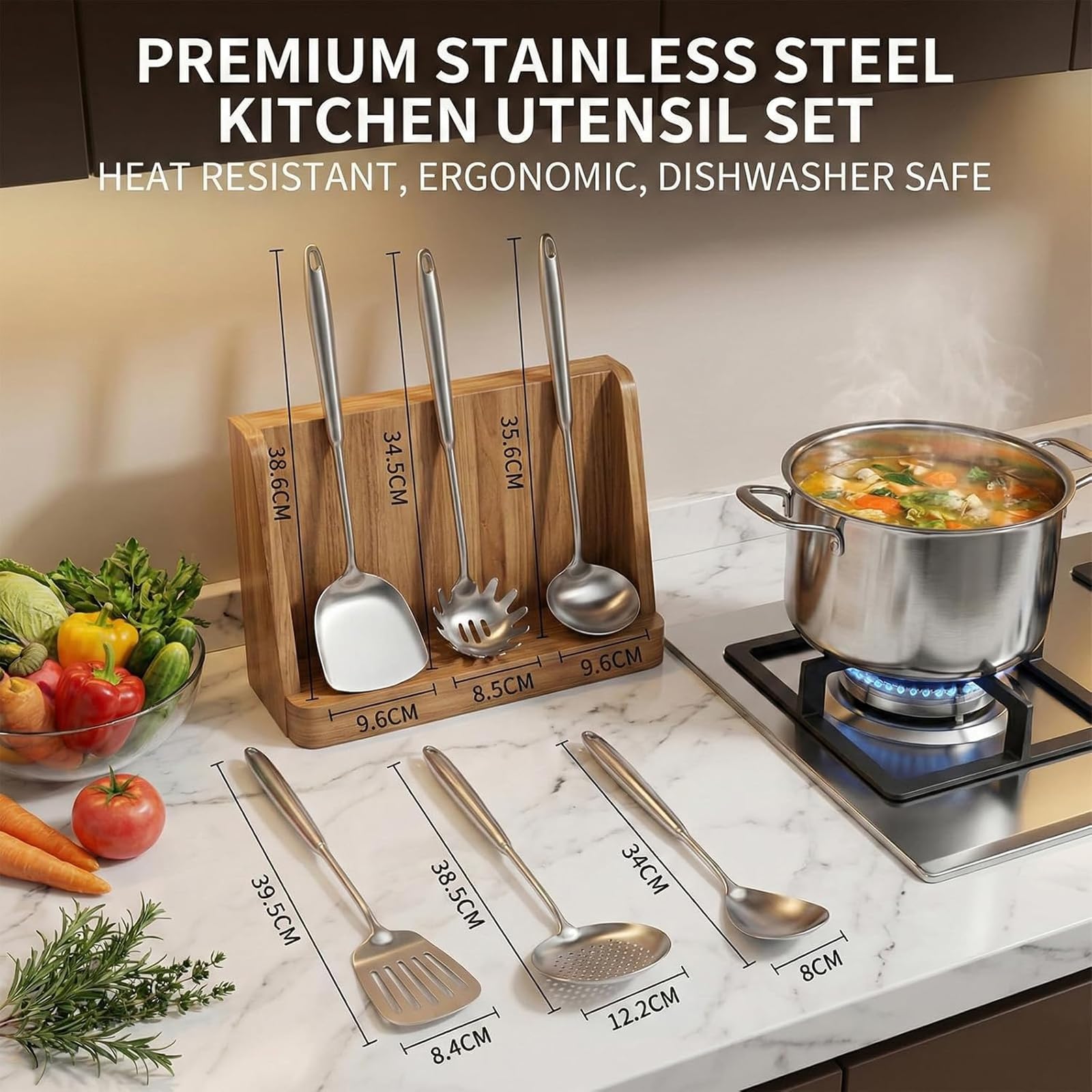 304 Stainless Steel 6 Piece Kitchen Utensils Set, Ergonomic | Anti-Scratch Cookware for Stoves, Long Handle, Heat Resistant, Dishwasher Safe, Ideal for Wok & Cooking